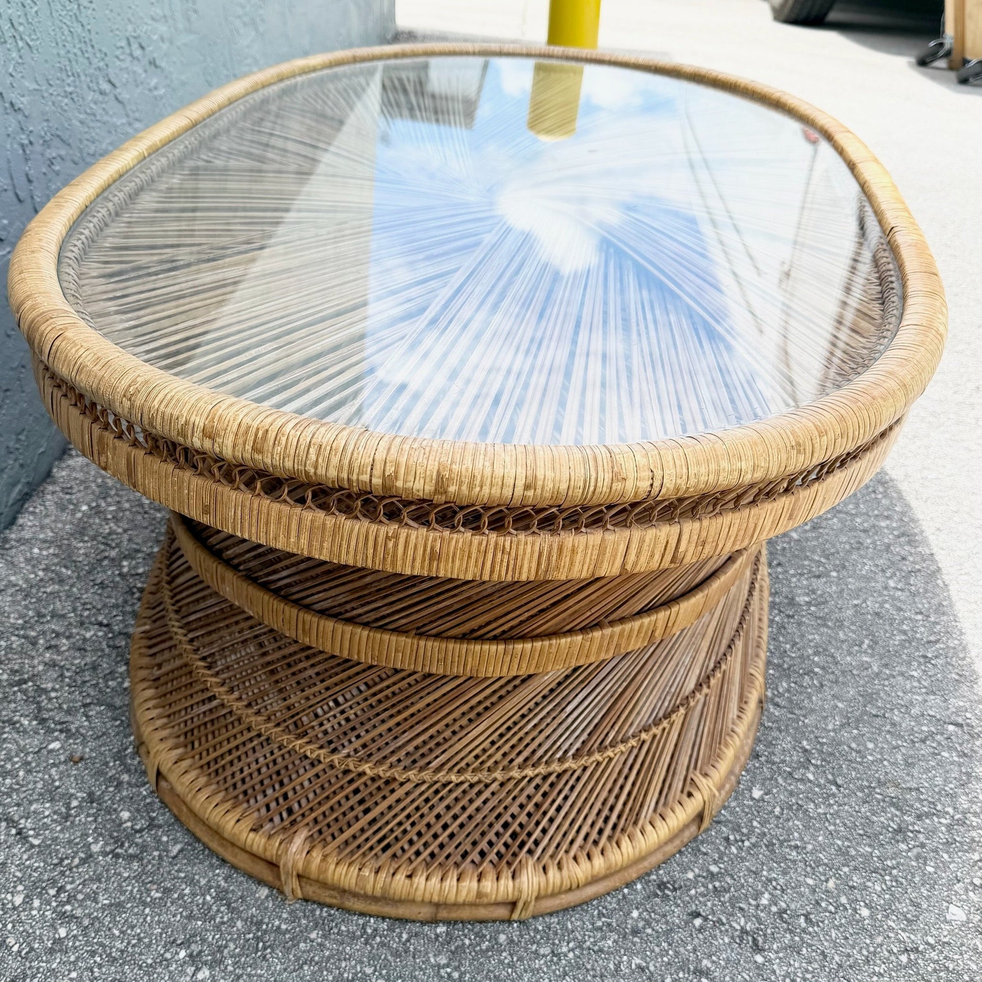 Boho Chic Buri Rattan Oval Inlaid Glass Top Coffee Table Dolphin & Flamingo