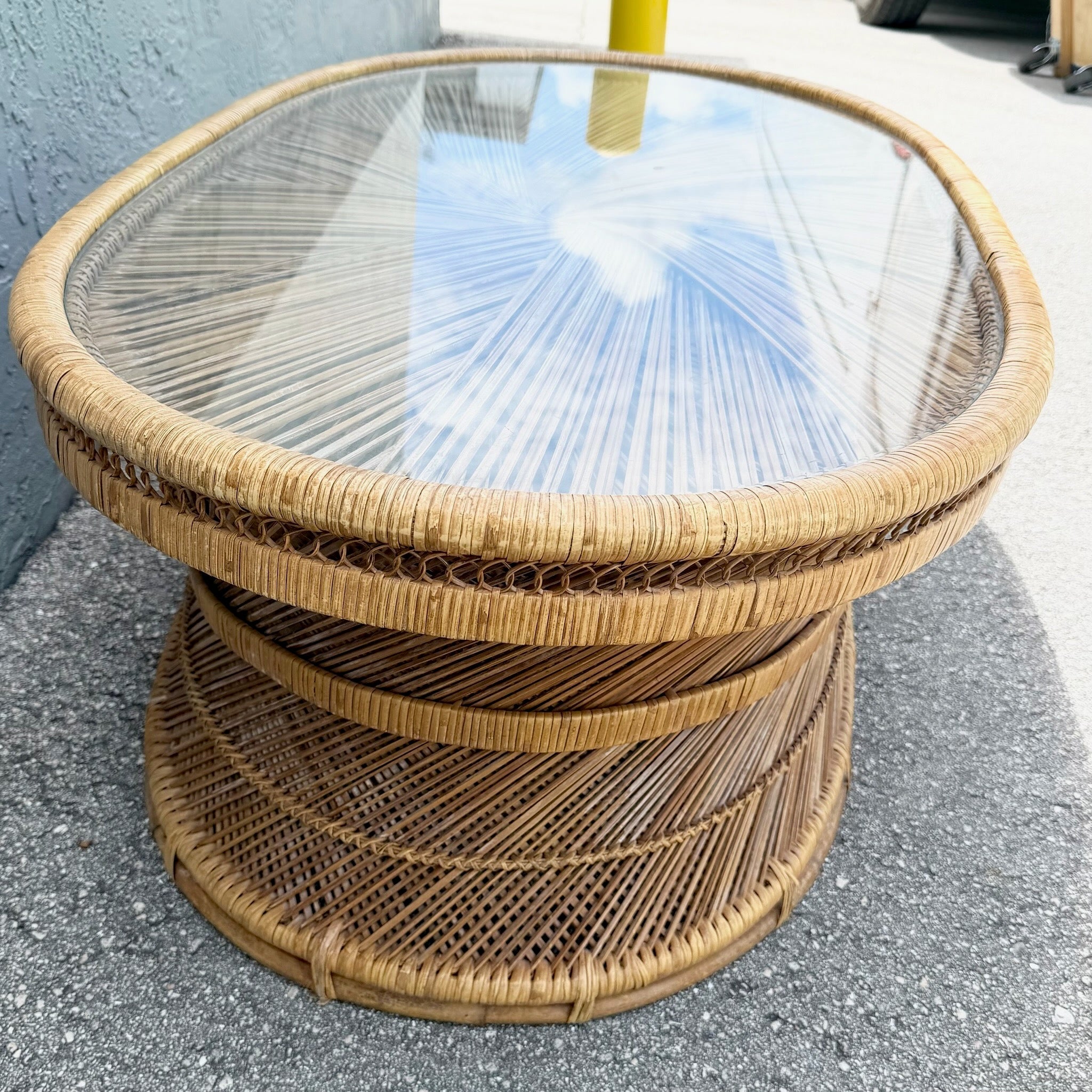 Boho Chic Buri Rattan Oval Inlaid Glass Top Coffee Table Dolphin & Flamingo