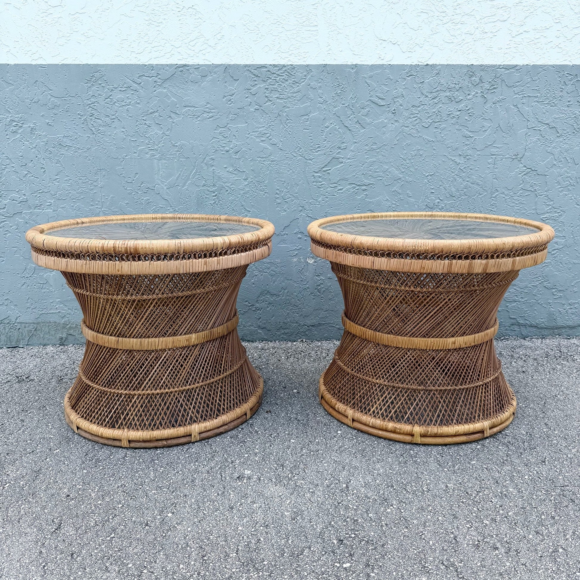 Boho Chic Buri Rattan Circular Inlaid Glass Top Side Tables - A Pair Dolphin & Flamingo