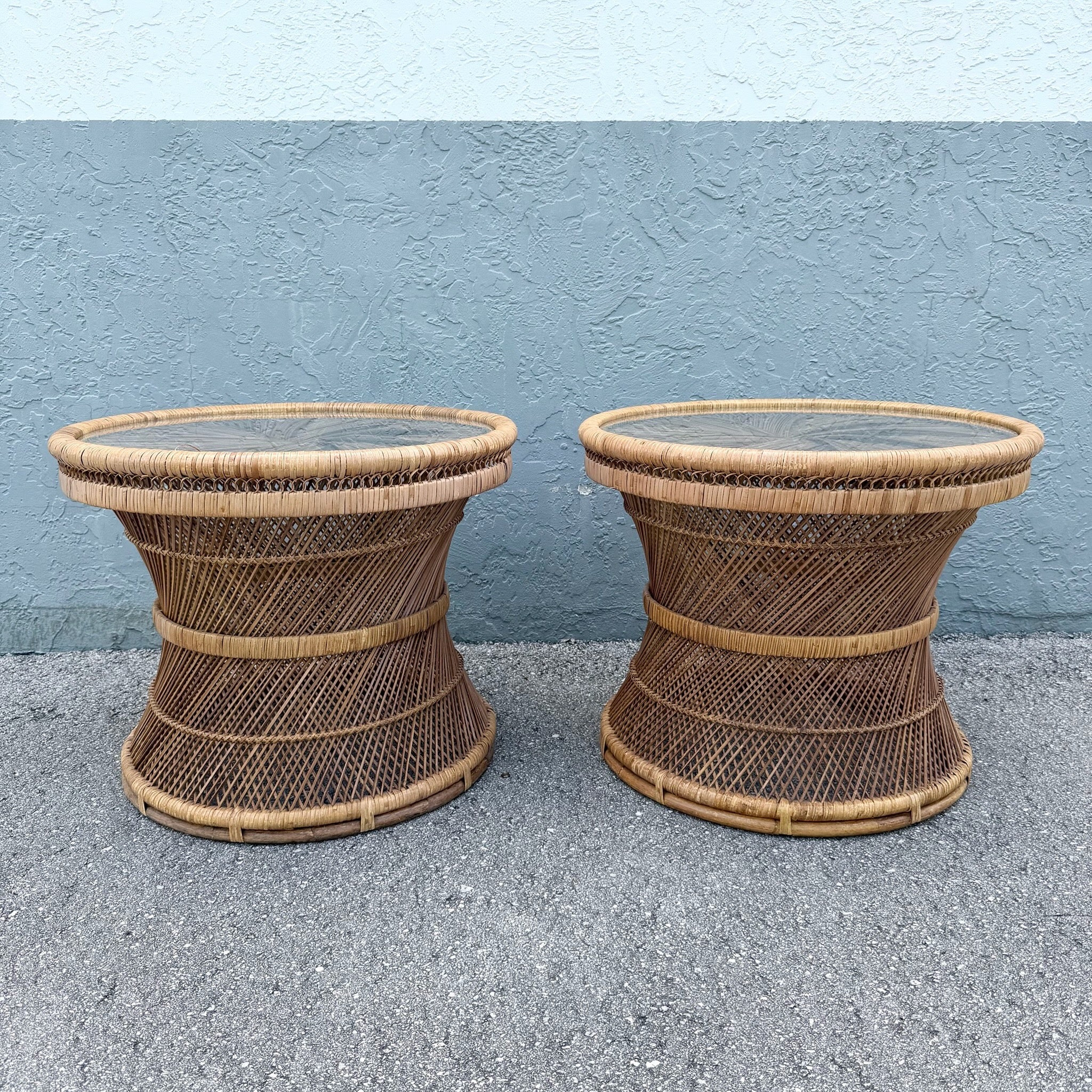 Boho Chic Buri Rattan Circular Inlaid Glass Top Side Tables - A Pair Dolphin & Flamingo