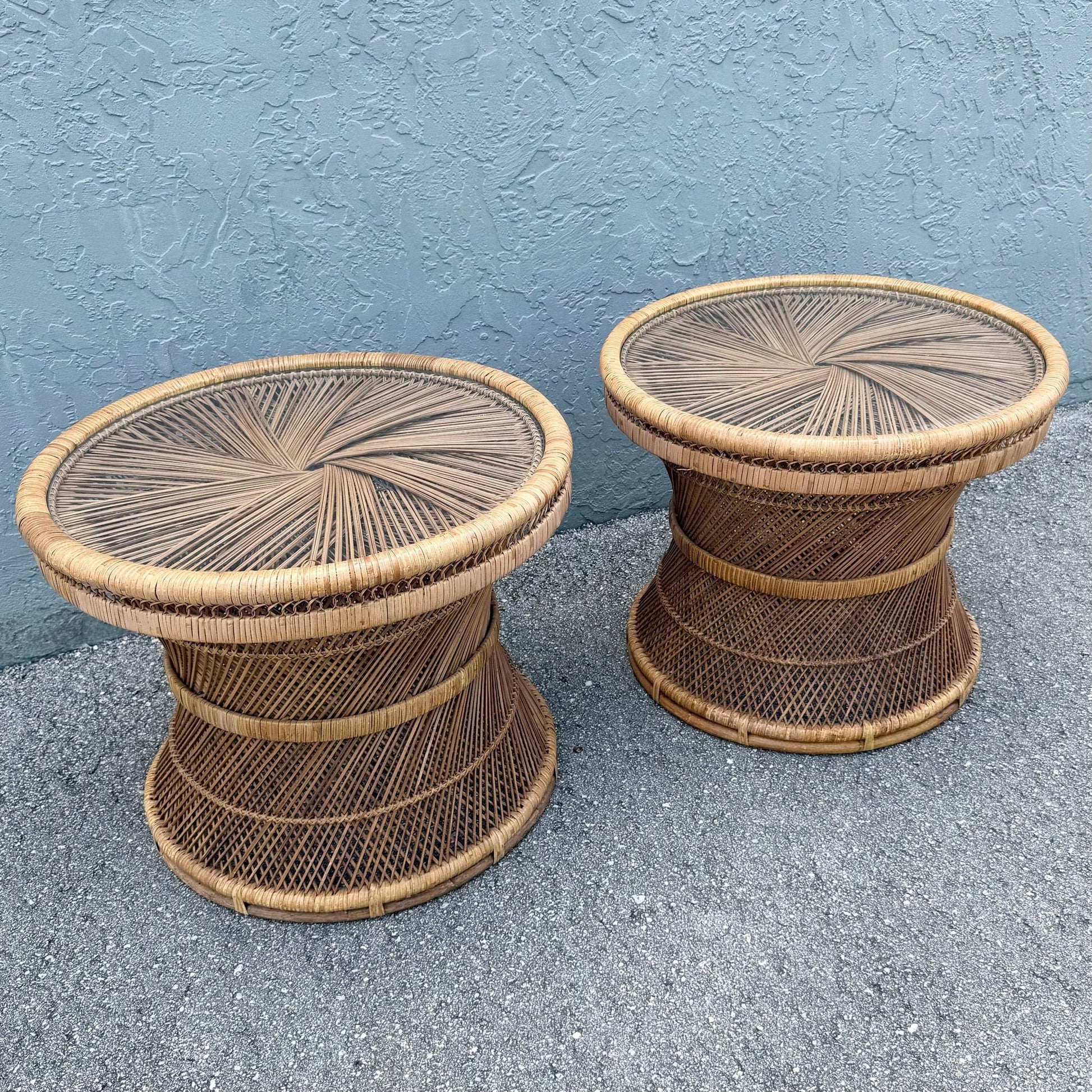 Boho Chic Buri Rattan Circular Inlaid Glass Top Side Tables - A Pair Dolphin & Flamingo