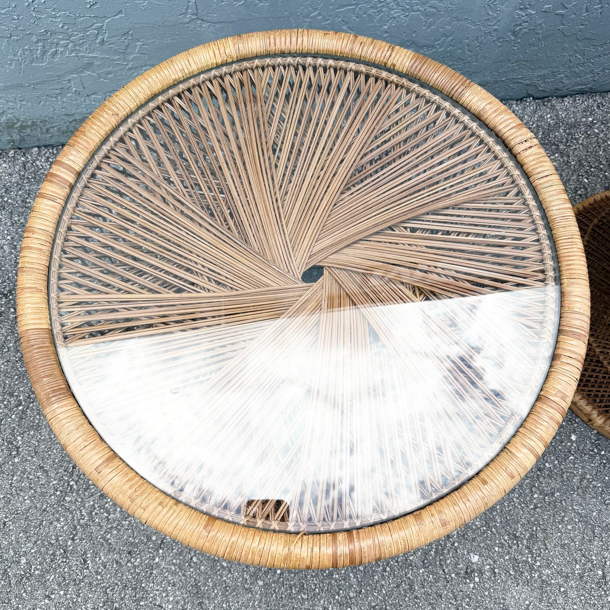 Boho Chic Buri Rattan Circular Inlaid Glass Top Side Tables - A Pair Dolphin & Flamingo