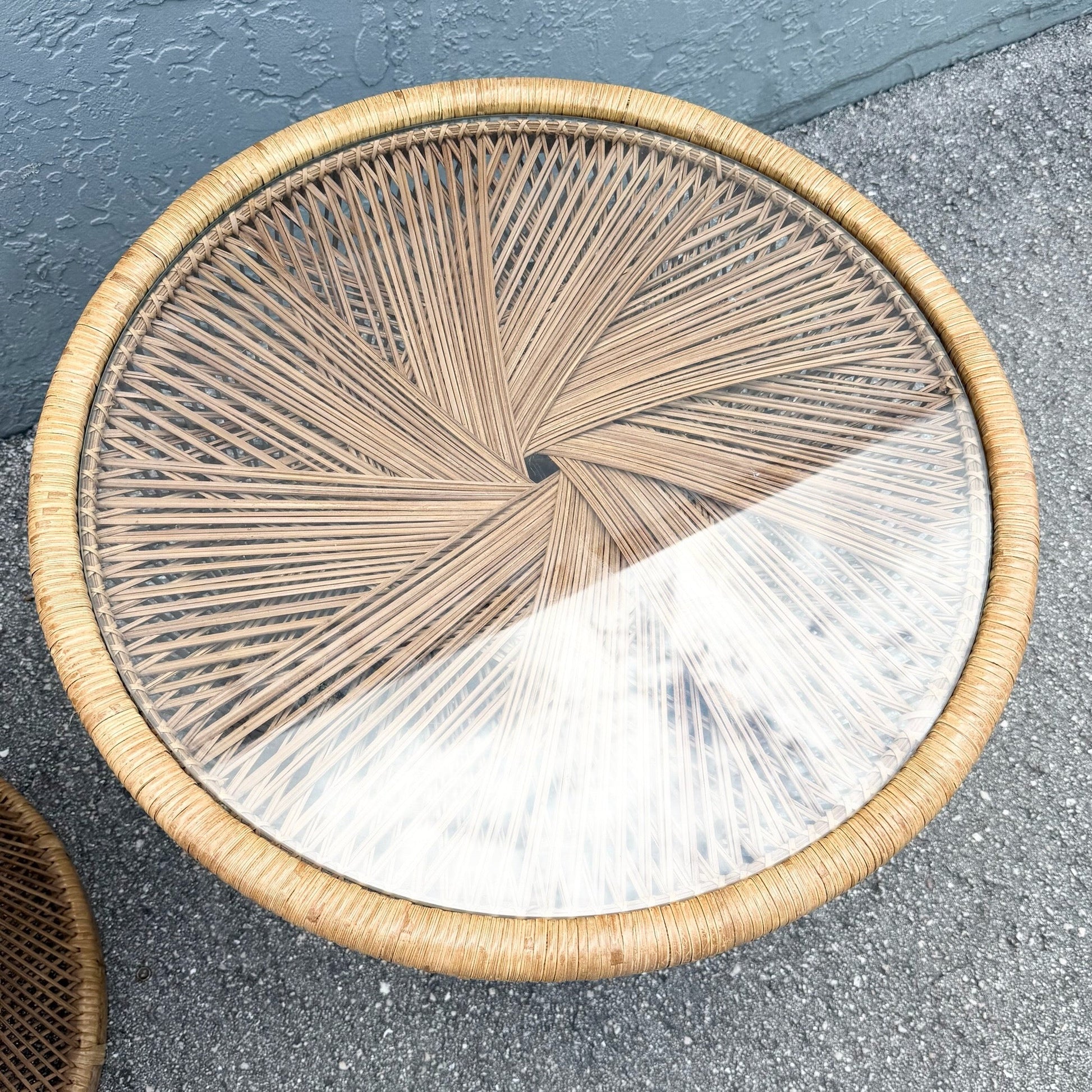 Boho Chic Buri Rattan Circular Inlaid Glass Top Side Tables - A Pair Dolphin & Flamingo