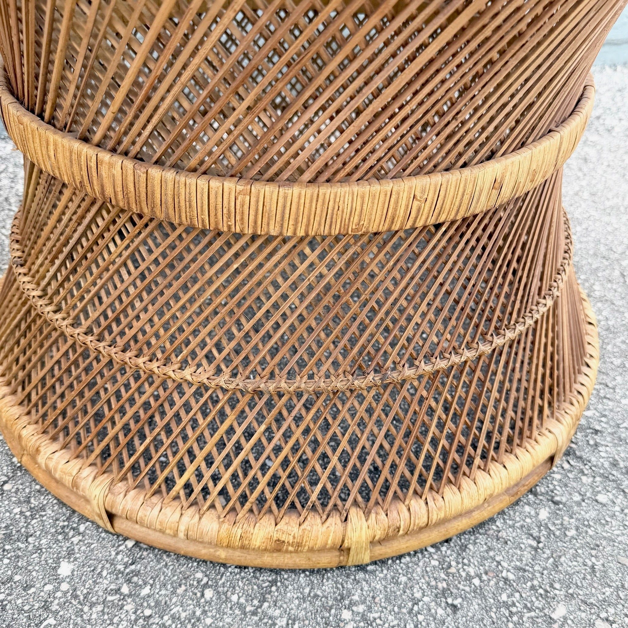 Boho Chic Buri Rattan Circular Inlaid Glass Top Side Tables - A Pair Dolphin & Flamingo