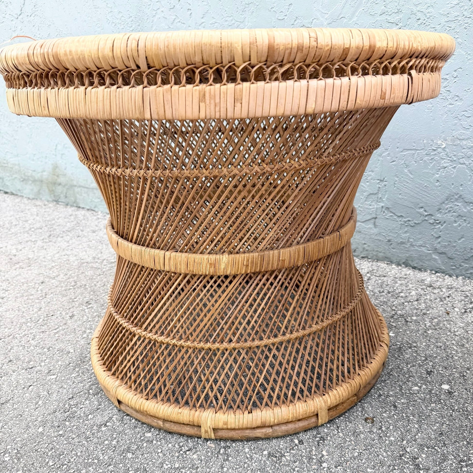 Boho Chic Buri Rattan Circular Inlaid Glass Top Side Tables - A Pair Dolphin & Flamingo