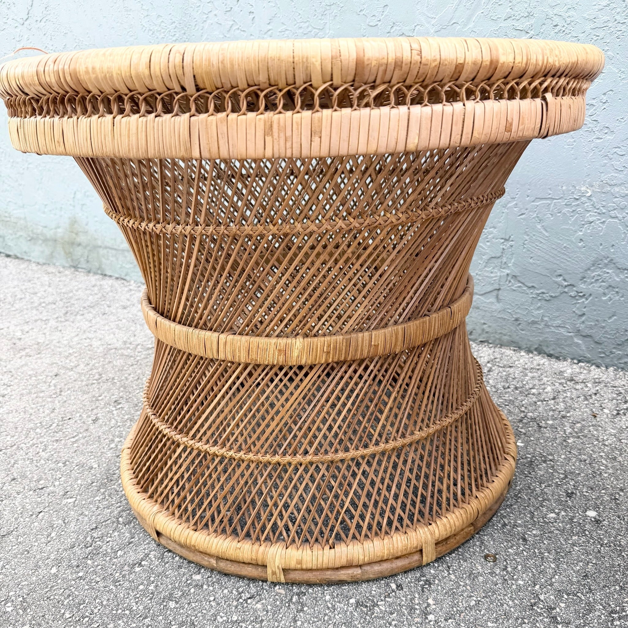 Boho Chic Buri Rattan Circular Inlaid Glass Top Side Tables - A Pair Dolphin & Flamingo
