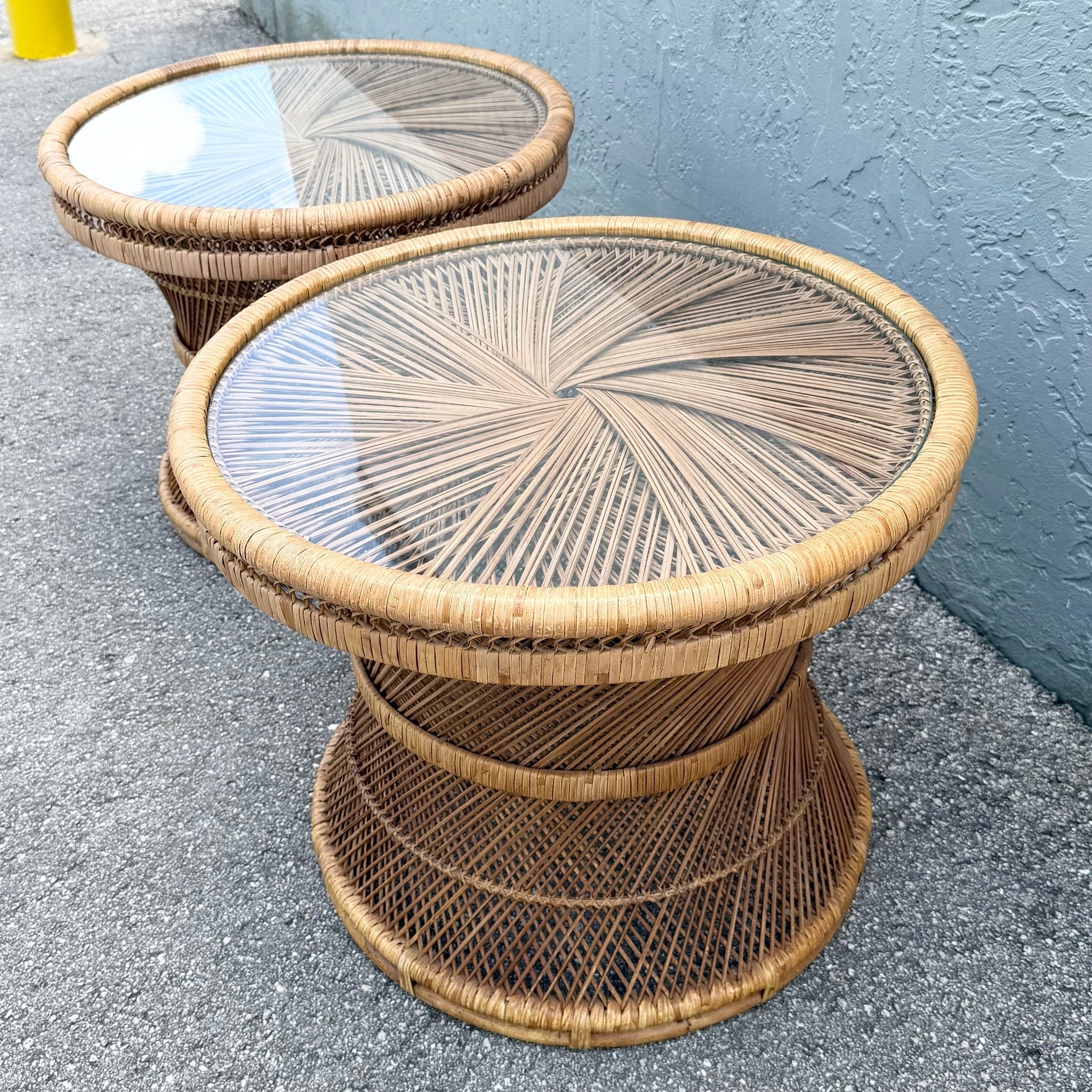 Boho Chic Buri Rattan Circular Inlaid Glass Top Side Tables - A Pair Dolphin & Flamingo