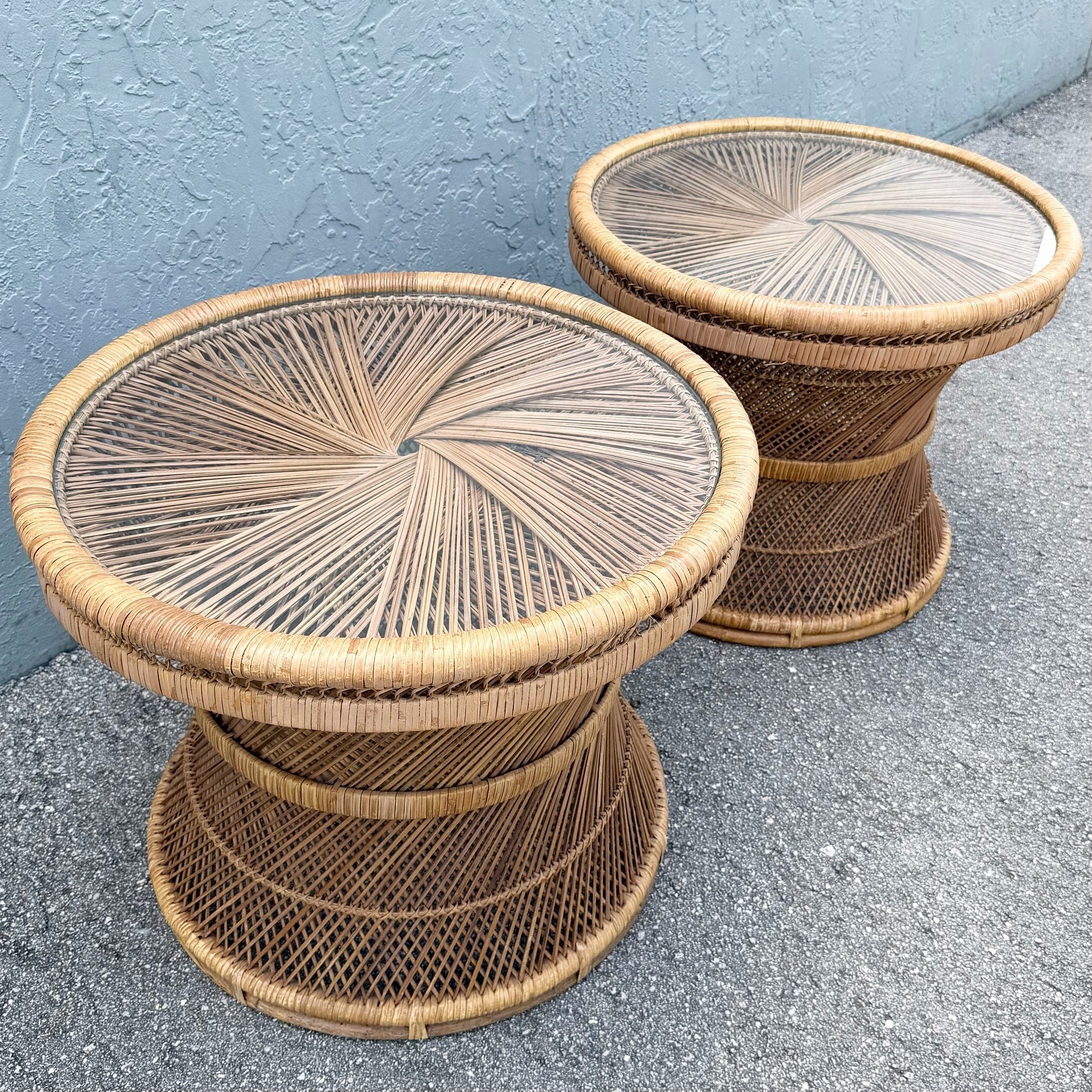 Boho Chic Buri Rattan Circular Inlaid Glass Top Side Tables - A Pair Dolphin & Flamingo