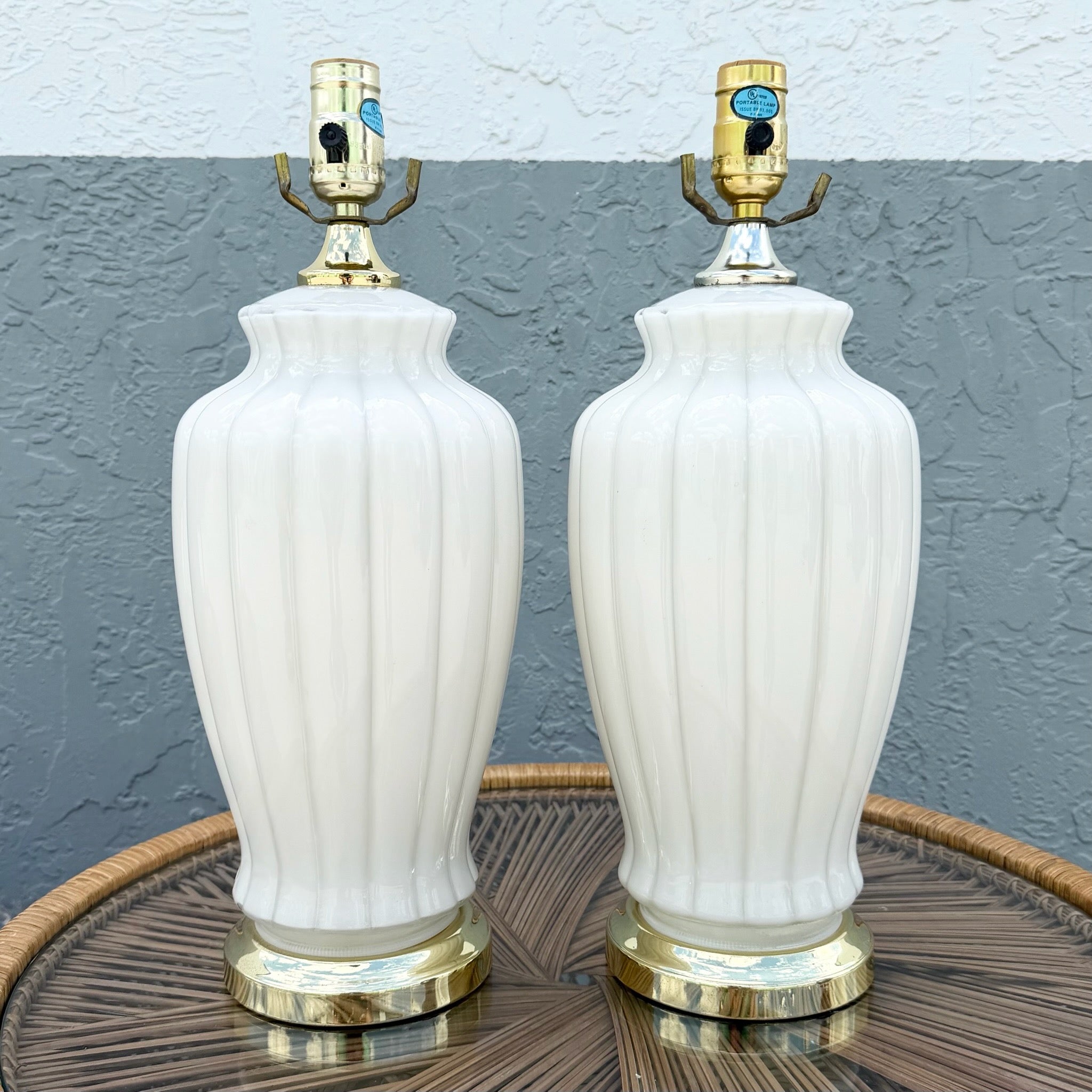 Hollywood Regency White Glass Scalloped Table Laps With Gold Accents - A Pair Dolphin & Flamingo
