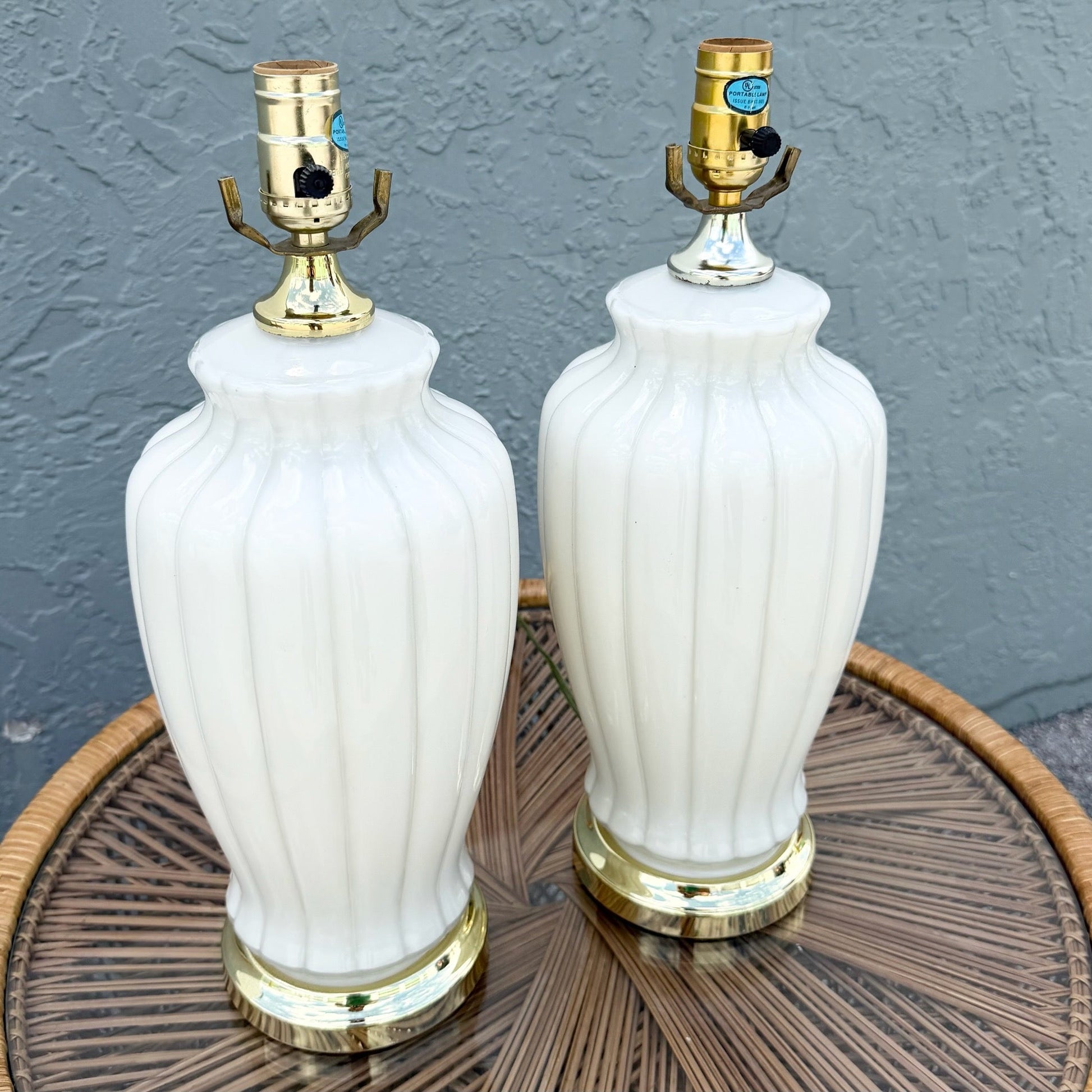 Hollywood Regency White Glass Scalloped Table Laps With Gold Accents - A Pair Dolphin & Flamingo