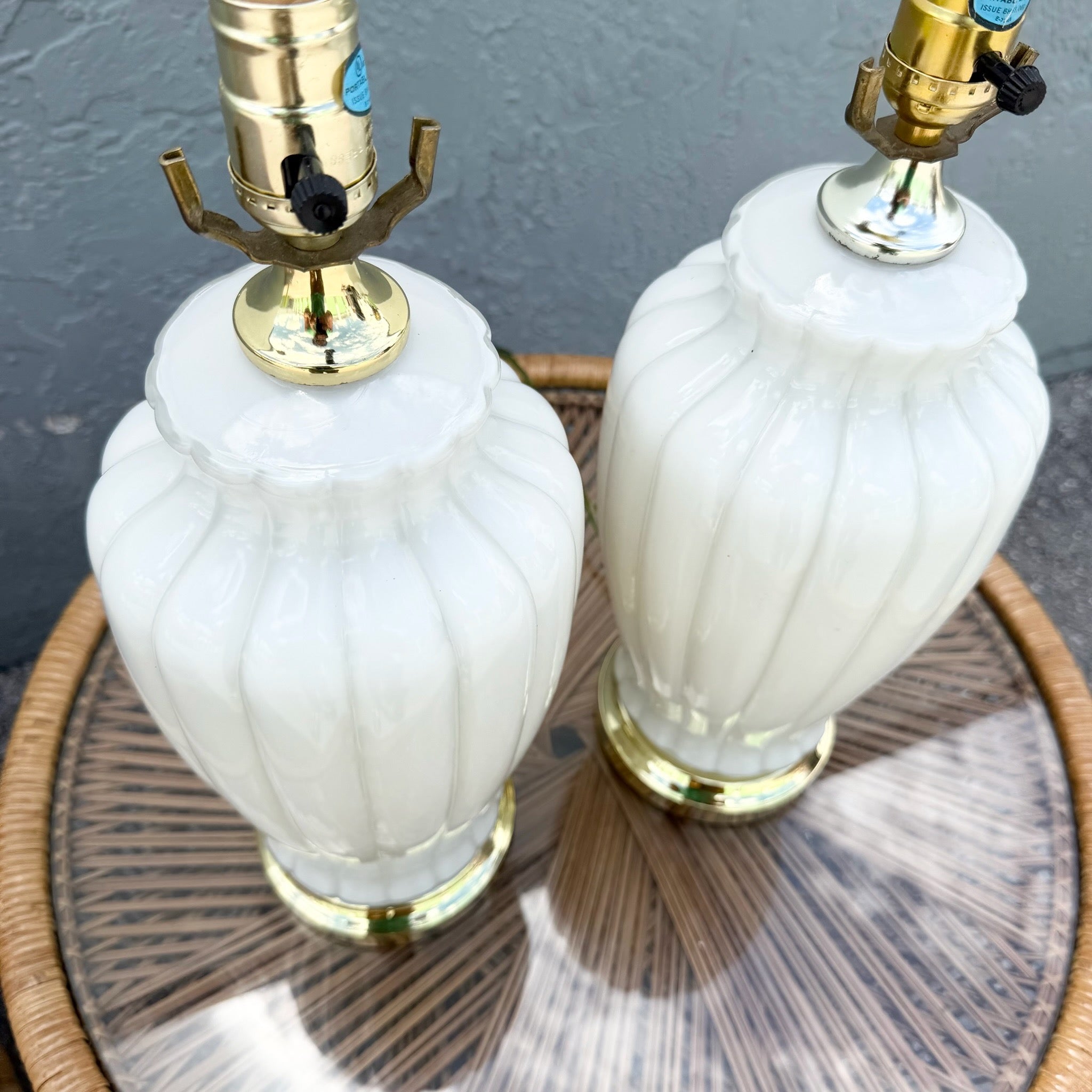 Hollywood Regency White Glass Scalloped Table Laps With Gold Accents - A Pair Dolphin & Flamingo
