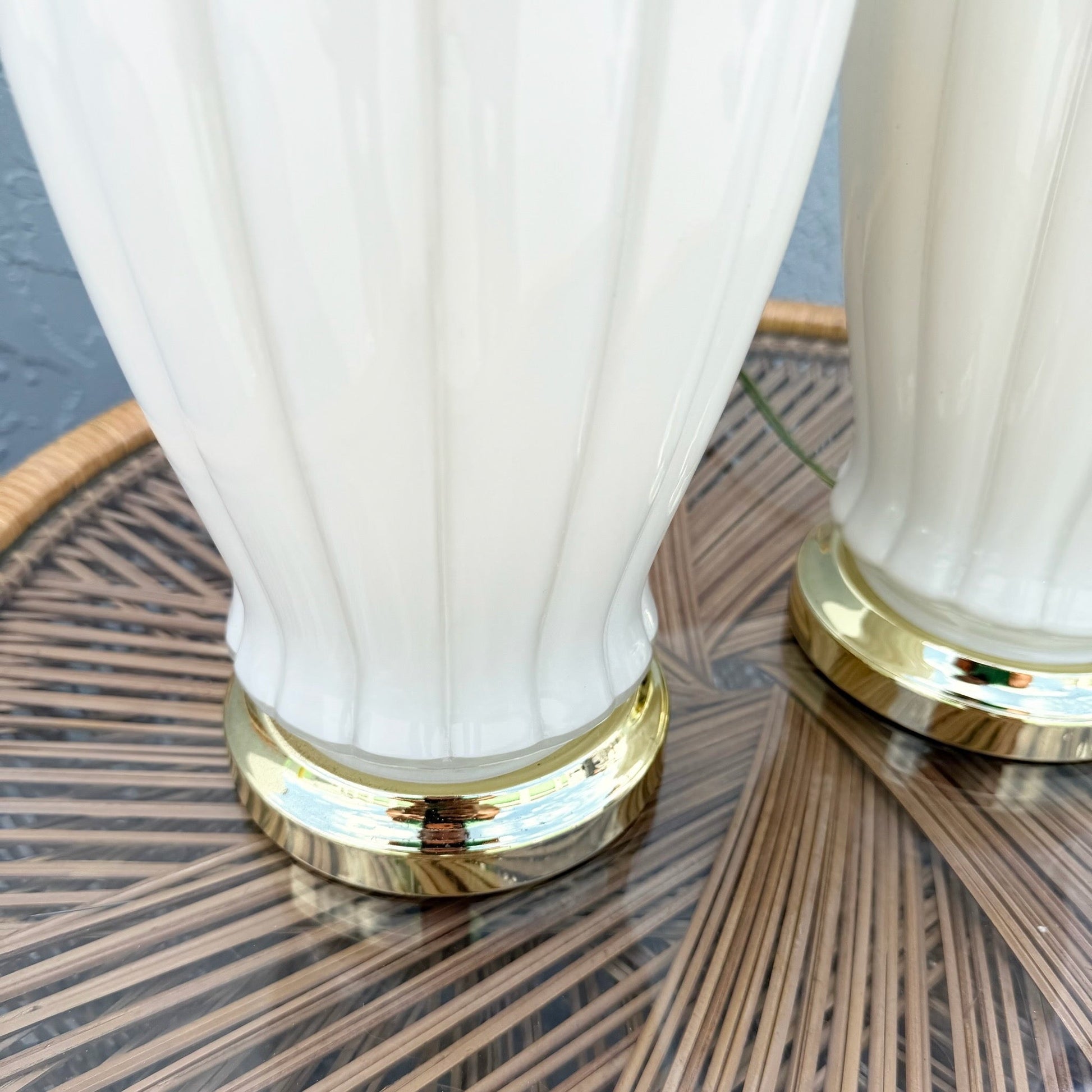 Hollywood Regency White Glass Scalloped Table Laps With Gold Accents - A Pair Dolphin & Flamingo