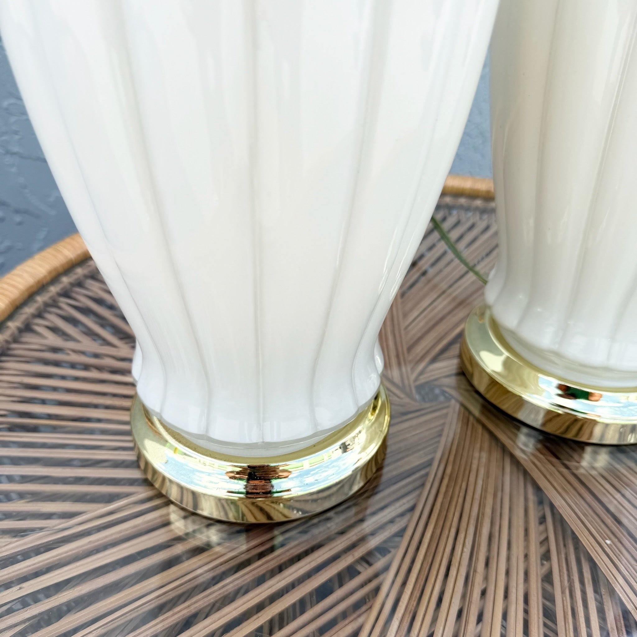 Hollywood Regency White Glass Scalloped Table Laps With Gold Accents - A Pair Dolphin & Flamingo