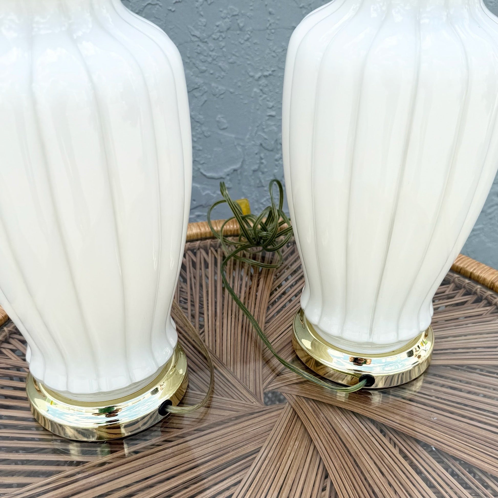 Hollywood Regency White Glass Scalloped Table Laps With Gold Accents - A Pair Dolphin & Flamingo