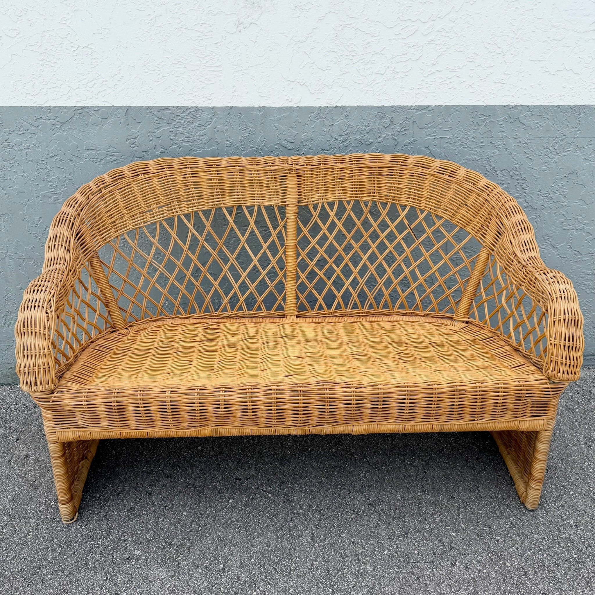 Vintage Boho Chic Woven Wicker Love Seat Dolphin & Flamingo