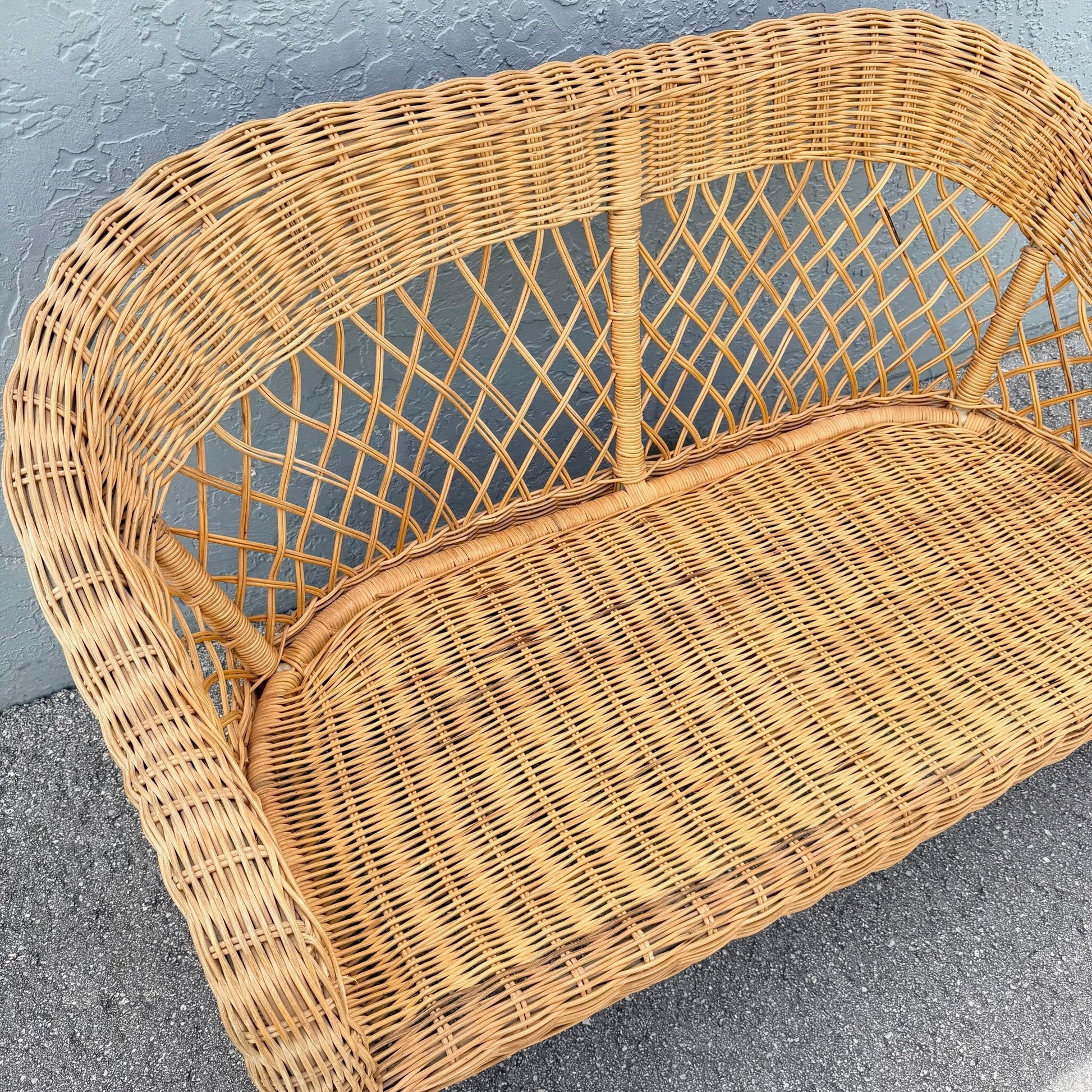 Vintage Boho Chic Woven Wicker Love Seat Dolphin & Flamingo