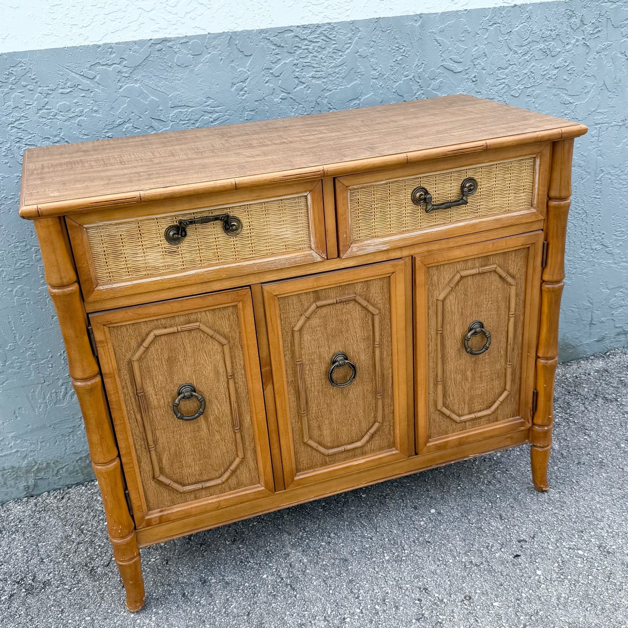 Boho Chic Faux Bamboo and Wicker Sideboard by Broyhill Dolphin & Flamingo