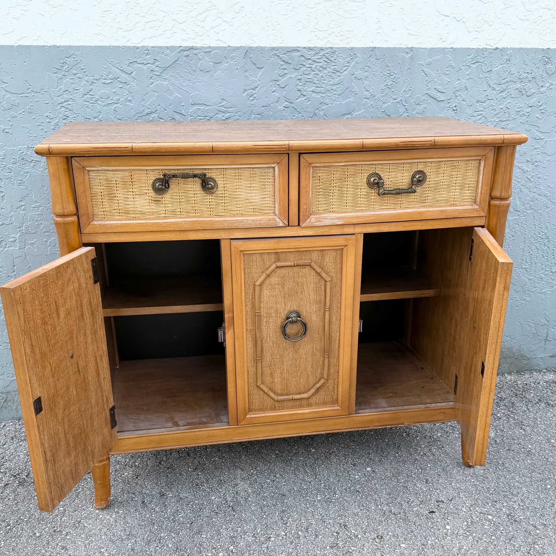 Boho Chic Faux Bamboo and Wicker Sideboard by Broyhill Dolphin & Flamingo