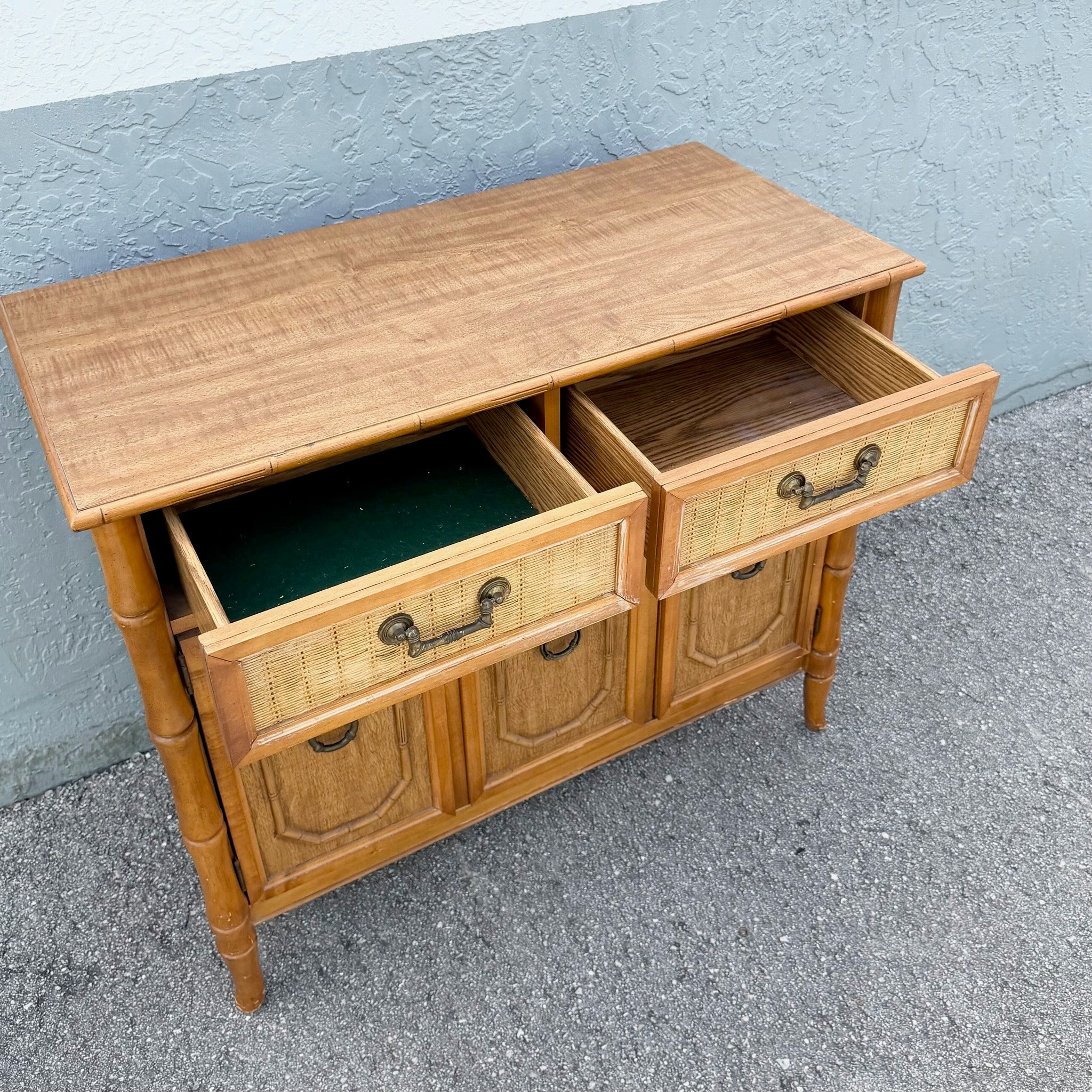 Boho Chic Faux Bamboo and Wicker Sideboard by Broyhill Dolphin & Flamingo