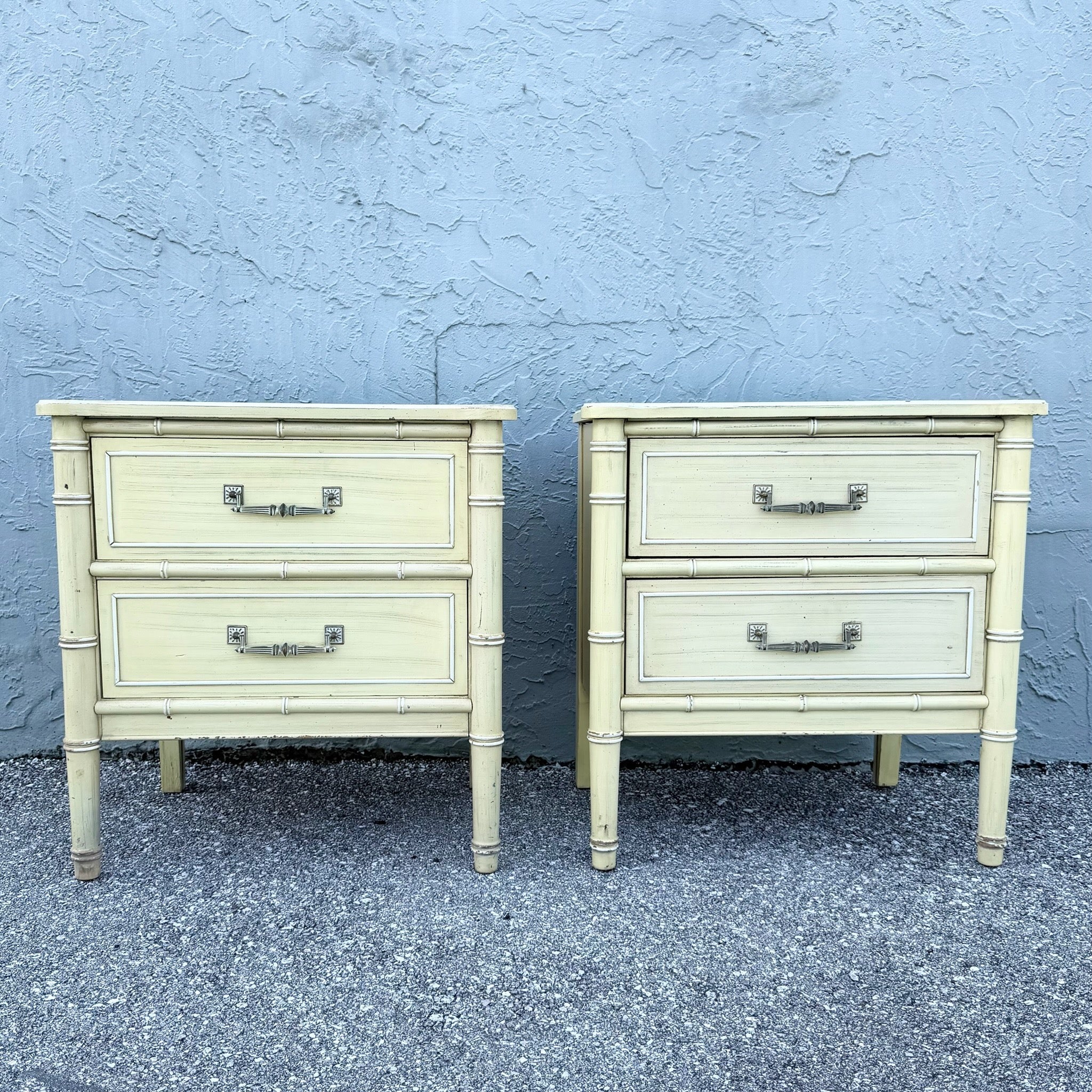 Vintage Coastal Faux Bamboo Bali Hai Nightstands by Henry Link - A Pair Dolphin & Flamingo
