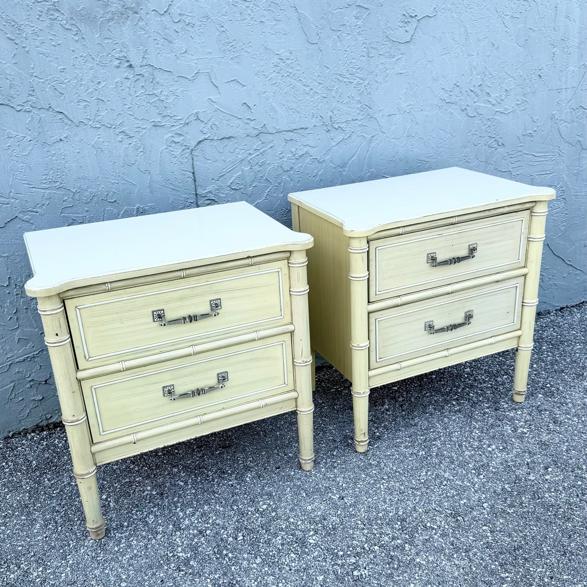 Vintage Coastal Faux Bamboo Bali Hai Nightstands by Henry Link - A Pair Dolphin & Flamingo