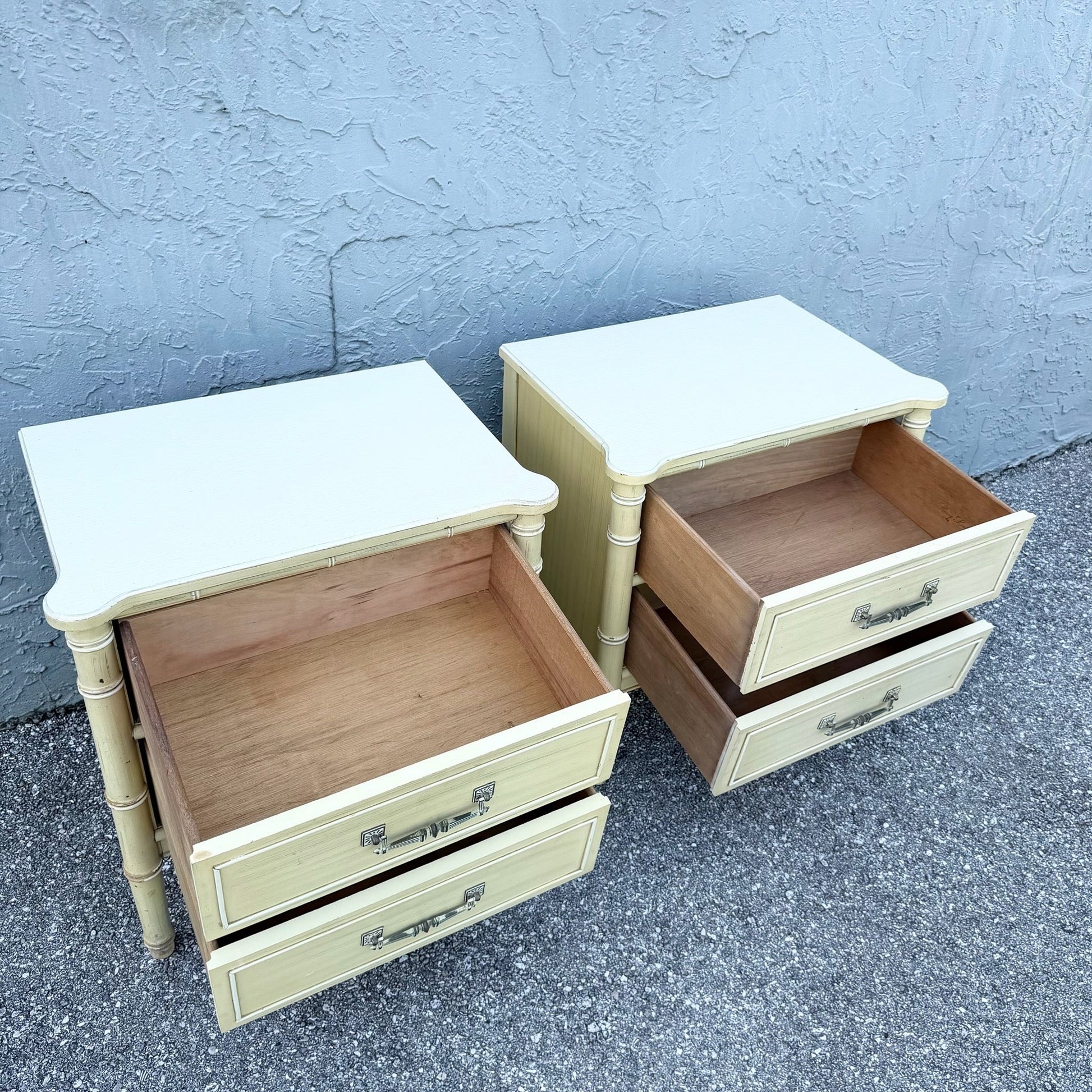 Vintage Coastal Faux Bamboo Bali Hai Nightstands by Henry Link - A Pair Dolphin & Flamingo