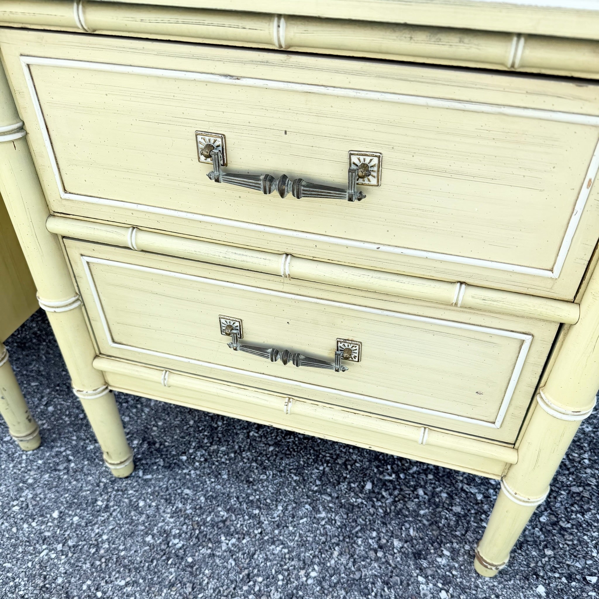 Vintage Coastal Faux Bamboo Bali Hai Nightstands by Henry Link - A Pair Dolphin & Flamingo
