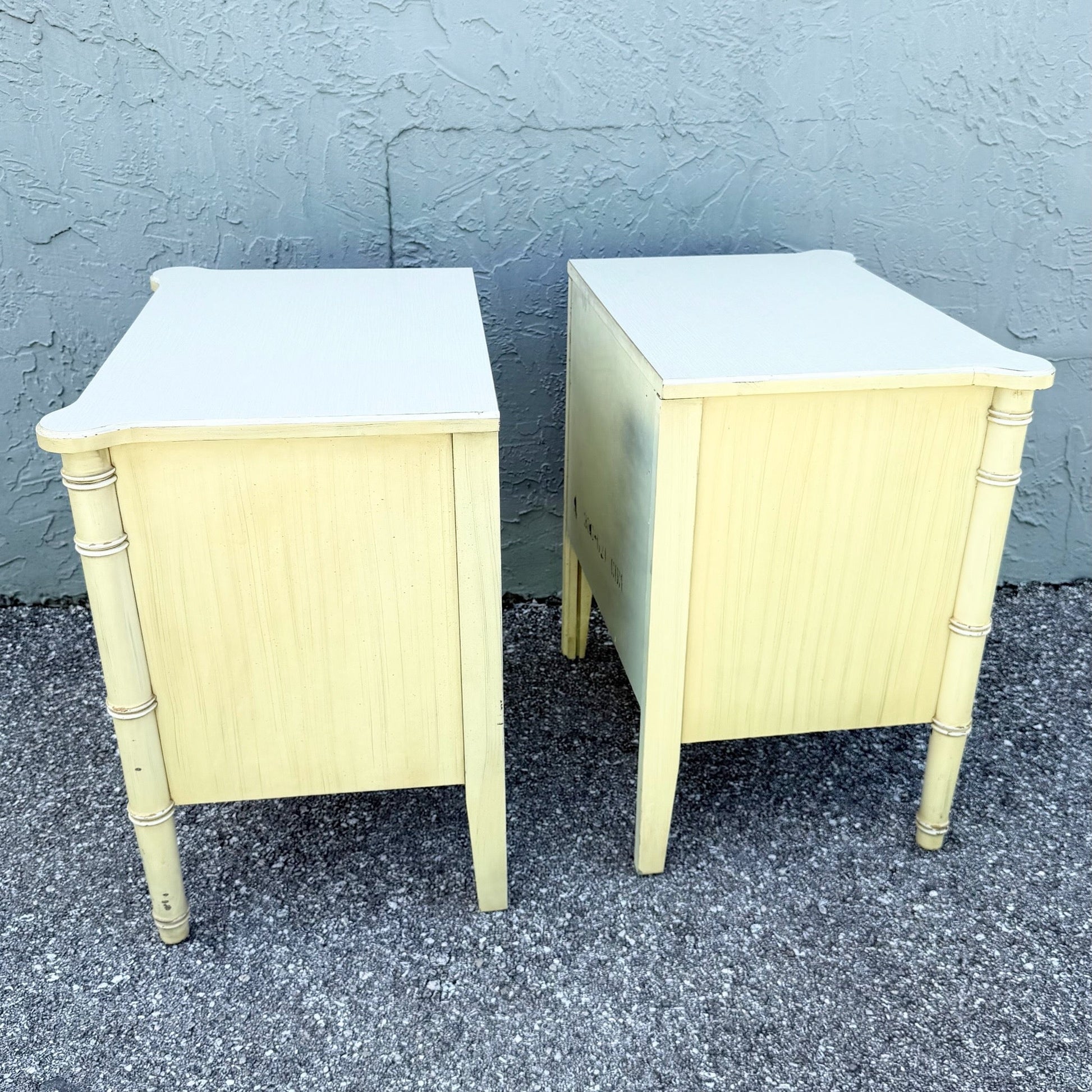 Vintage Coastal Faux Bamboo Bali Hai Nightstands by Henry Link - A Pair Dolphin & Flamingo