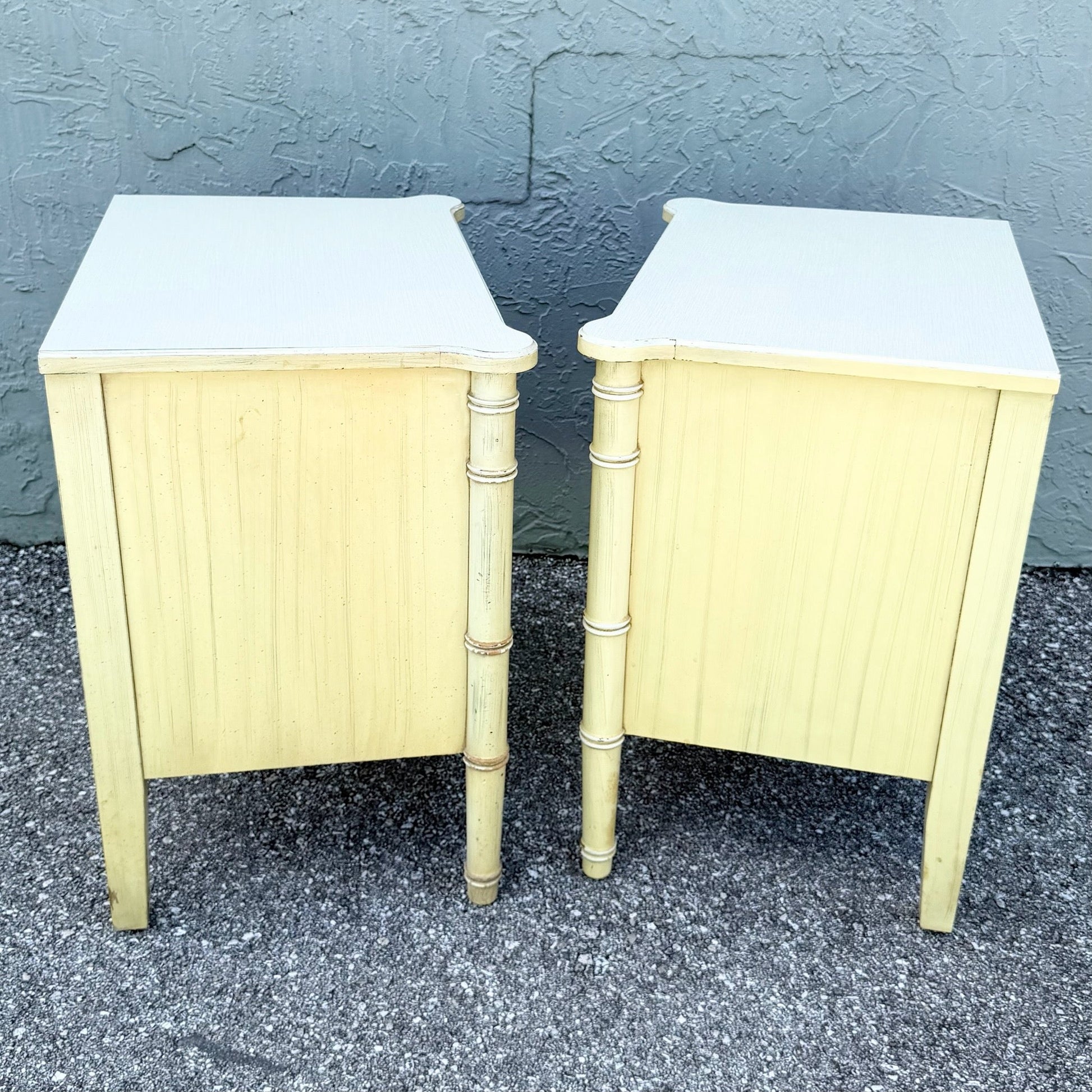Vintage Coastal Faux Bamboo Bali Hai Nightstands by Henry Link - A Pair Dolphin & Flamingo