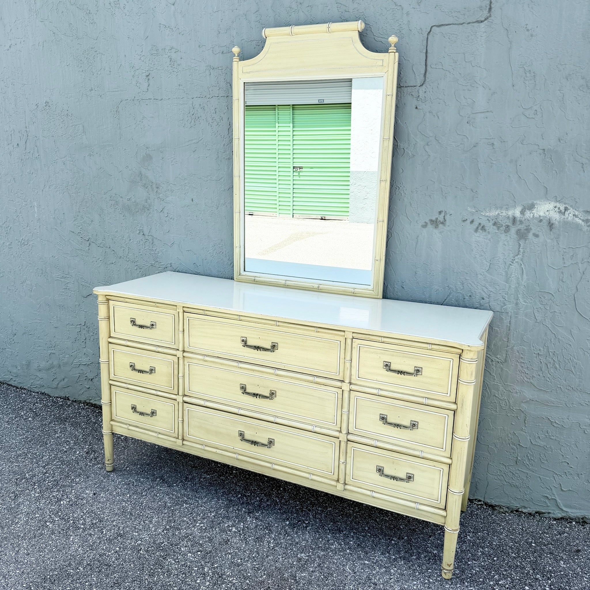 Vintage Coastal Faux Bamboo Bali Hai Dresser With Mirror by Henry Link Dolphin & Flamingo