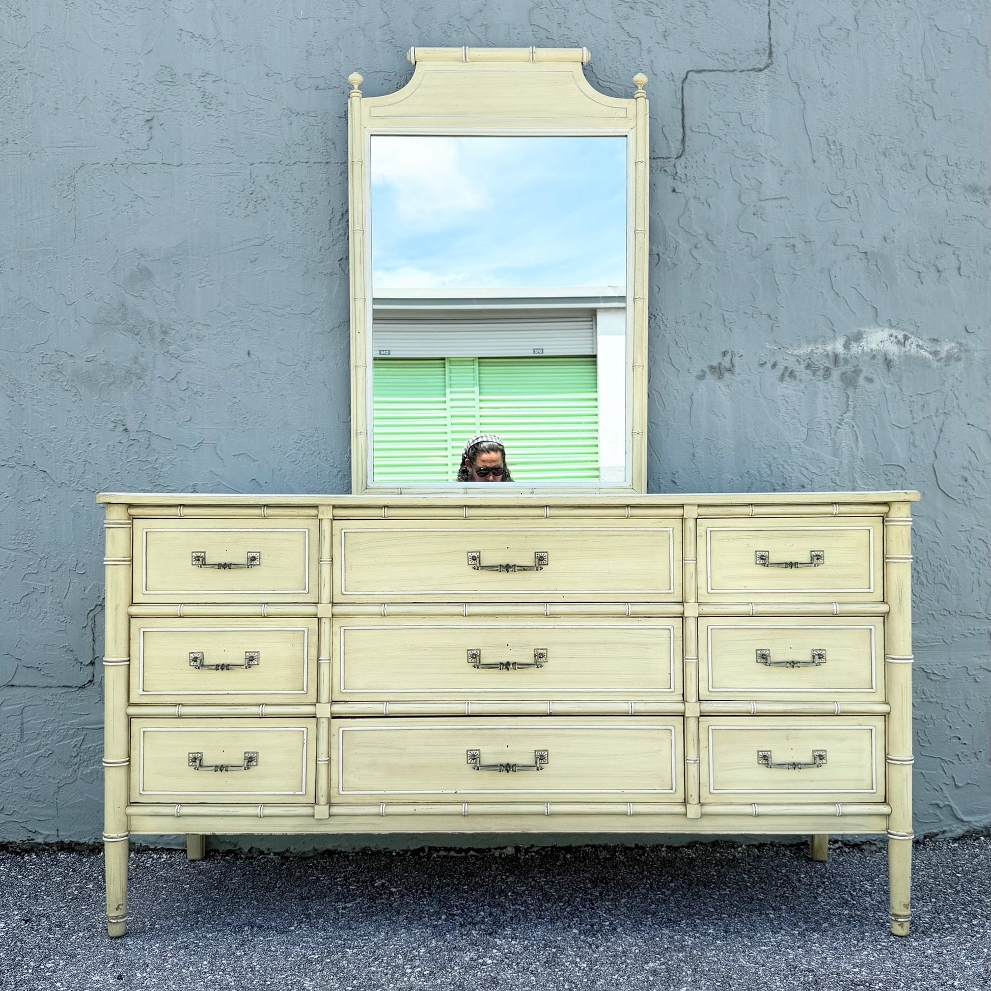Vintage Coastal Faux Bamboo Bali Hai Dresser With Mirror by Henry Link Dolphin & Flamingo