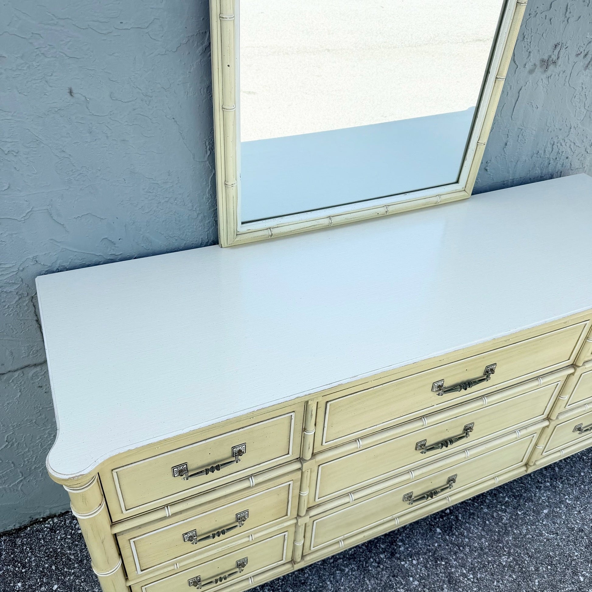 Vintage Coastal Faux Bamboo Bali Hai Dresser With Mirror by Henry Link Dolphin & Flamingo