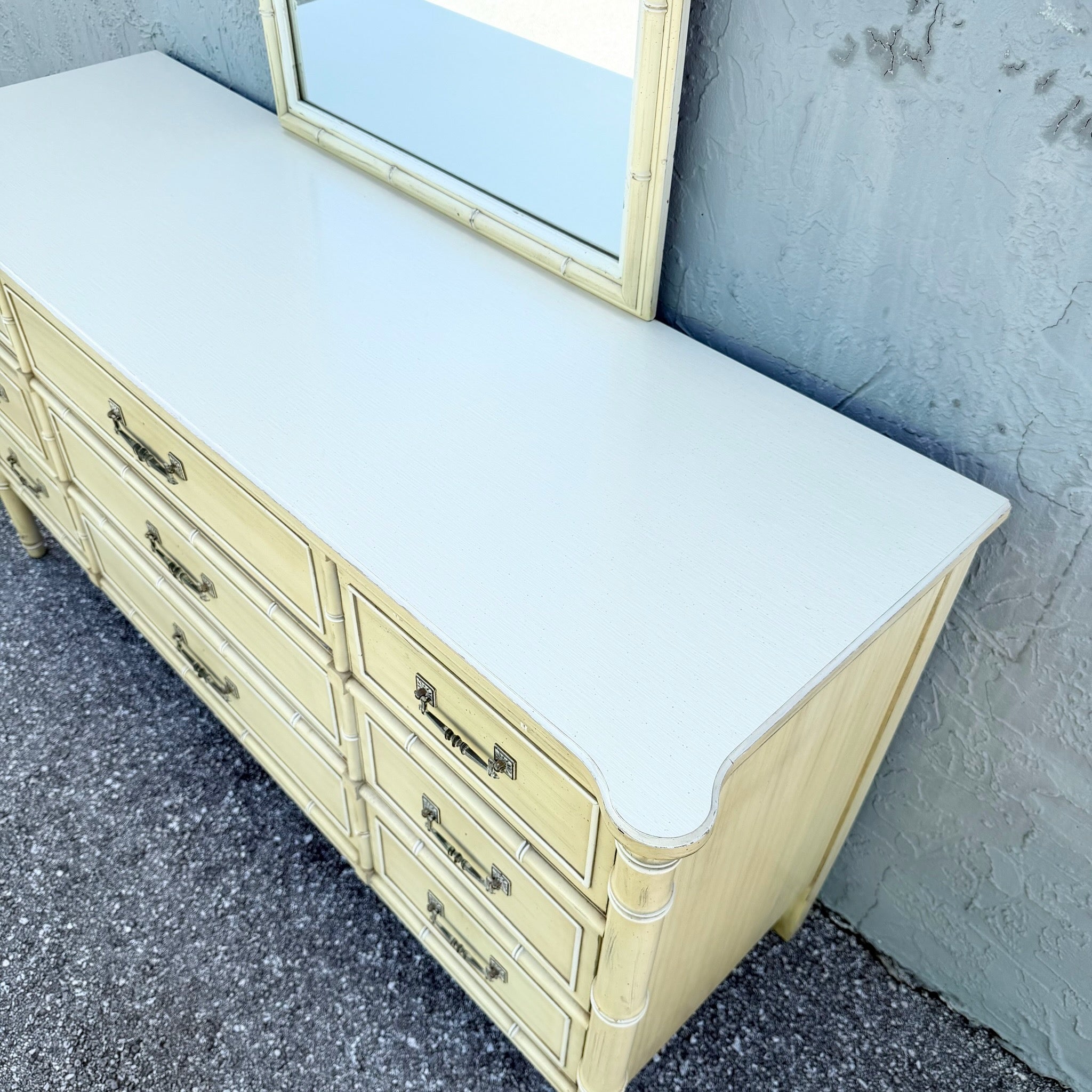 Vintage Coastal Faux Bamboo Bali Hai Dresser With Mirror by Henry Link Dolphin & Flamingo
