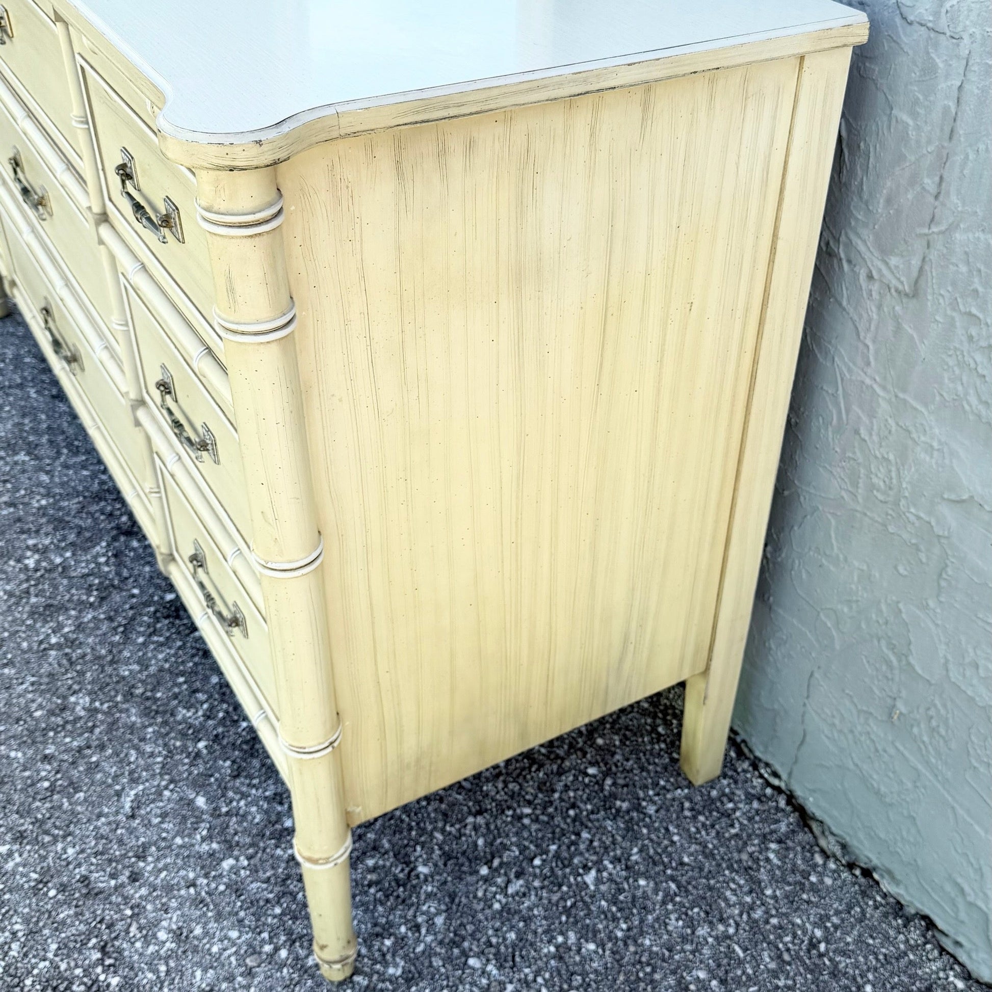 Vintage Coastal Faux Bamboo Bali Hai Dresser With Mirror by Henry Link Dolphin & Flamingo