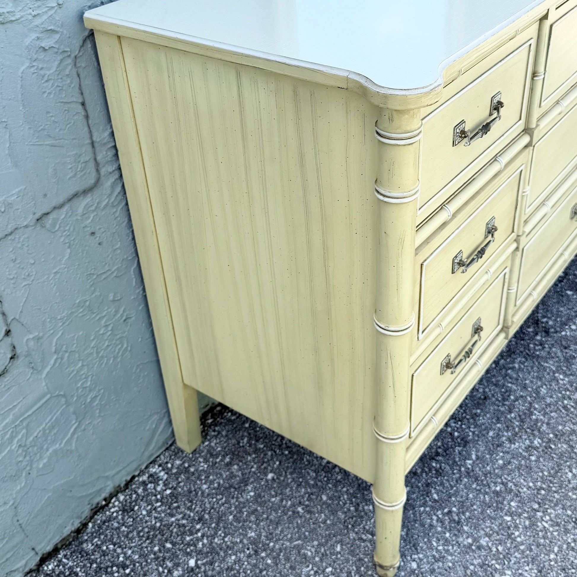 Vintage Coastal Faux Bamboo Bali Hai Dresser With Mirror by Henry Link Dolphin & Flamingo
