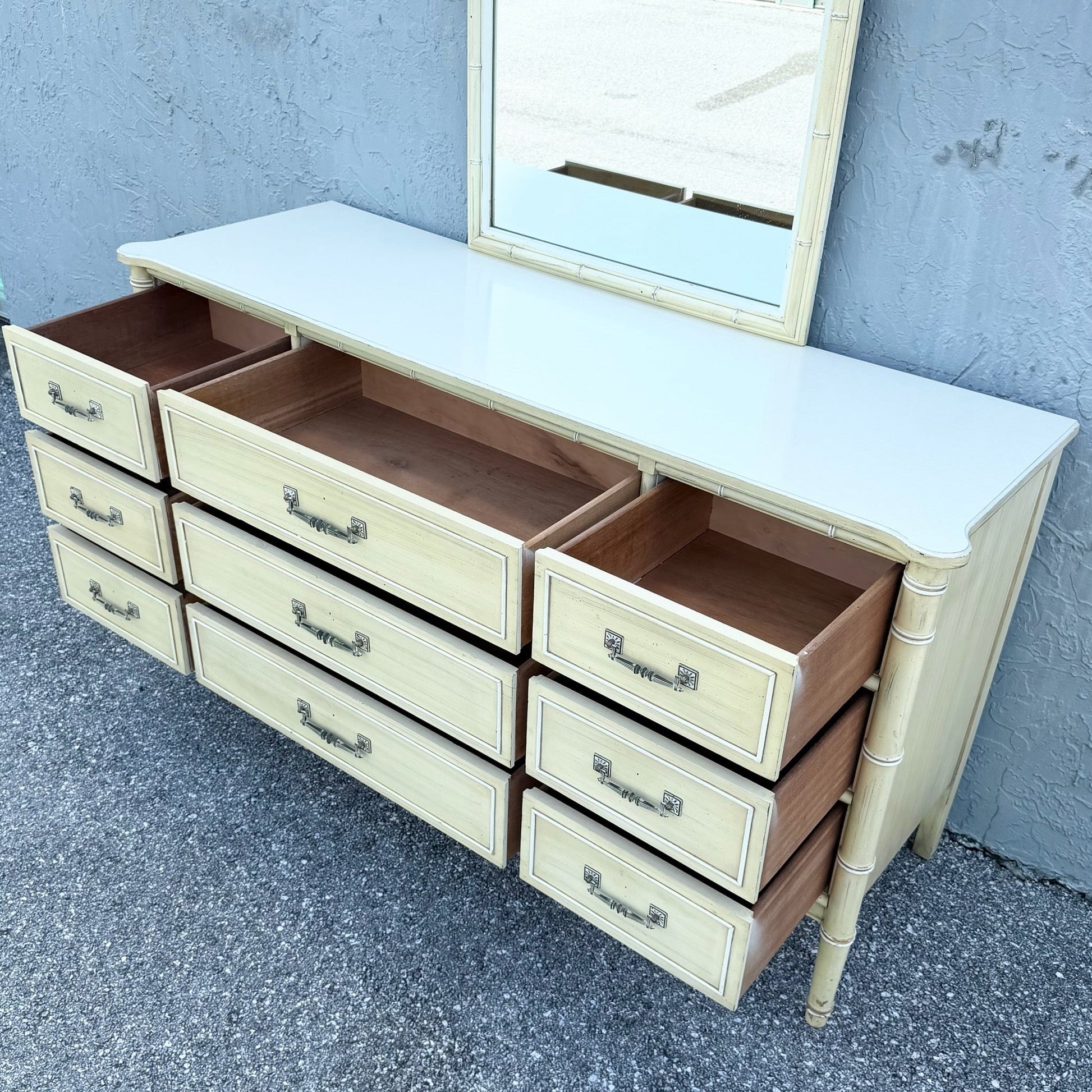 Vintage Coastal Faux Bamboo Bali Hai Dresser With Mirror by Henry Link Dolphin & Flamingo