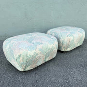 Postmodern Multicolored Floral Fabric Pouf Ottomans - A Pair Dolphin & Flamingo