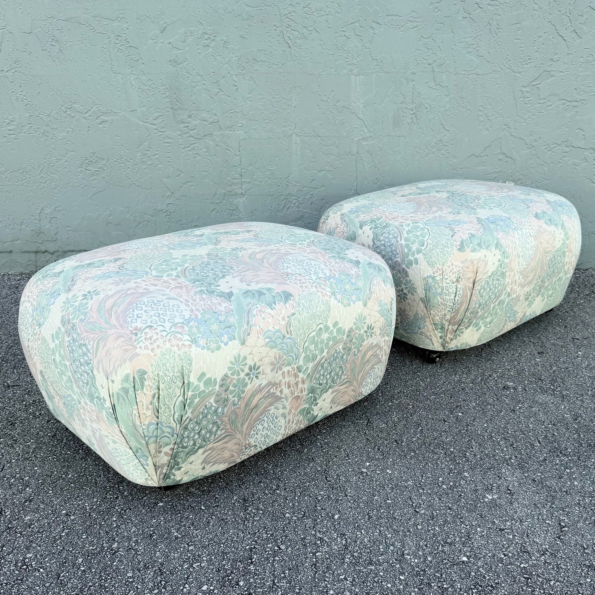 Postmodern Multicolored Floral Fabric Pouf Ottomans - A Pair Dolphin & Flamingo