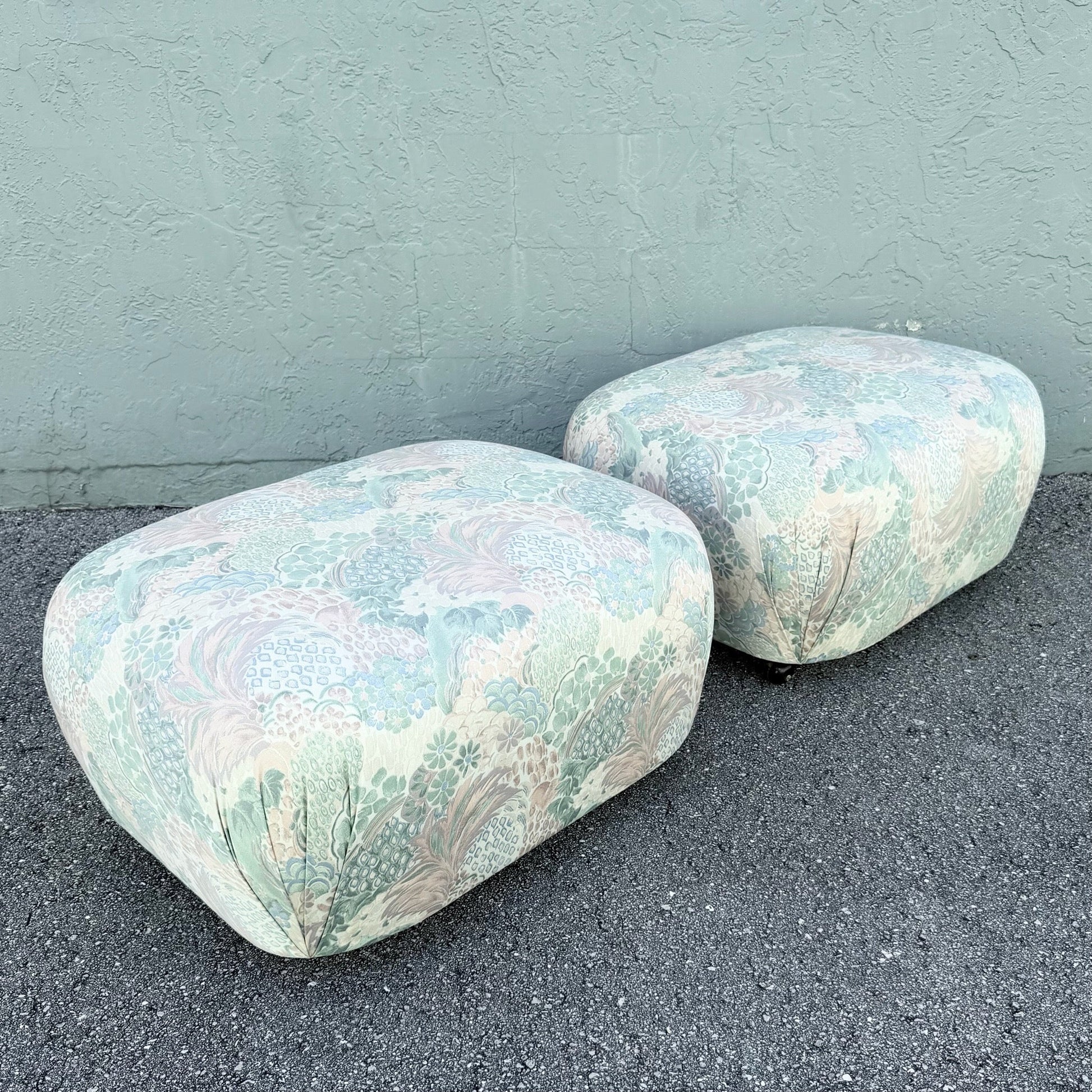Postmodern Multicolored Floral Fabric Pouf Ottomans - A Pair Dolphin & Flamingo