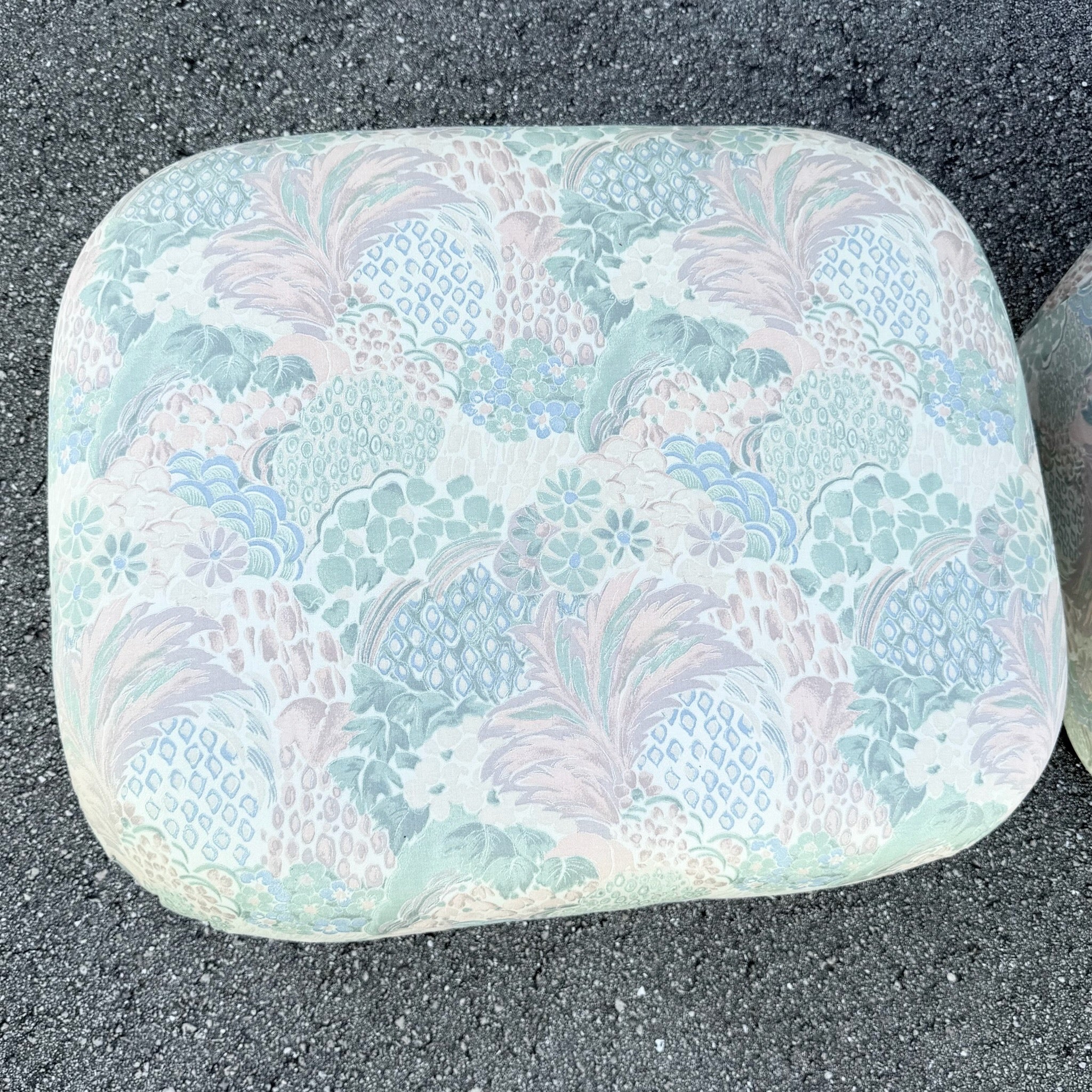 Postmodern Multicolored Floral Fabric Pouf Ottomans - A Pair Dolphin & Flamingo