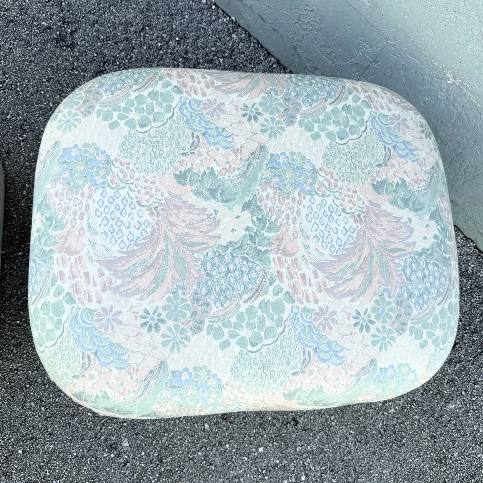 Postmodern Multicolored Floral Fabric Pouf Ottomans - A Pair Dolphin & Flamingo