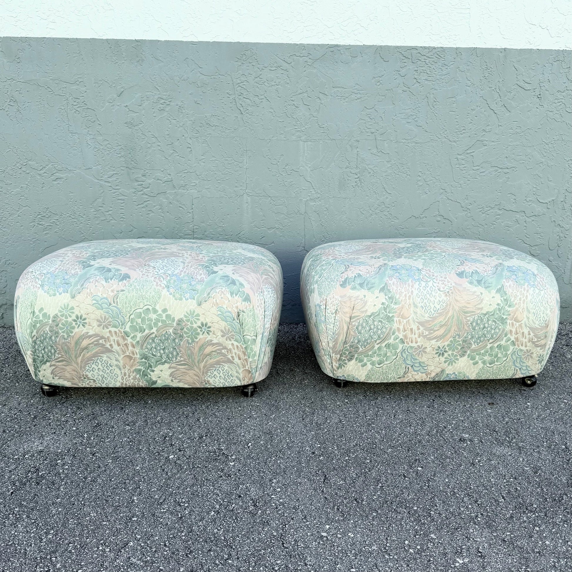 Postmodern Multicolored Floral Fabric Pouf Ottomans - A Pair Dolphin & Flamingo