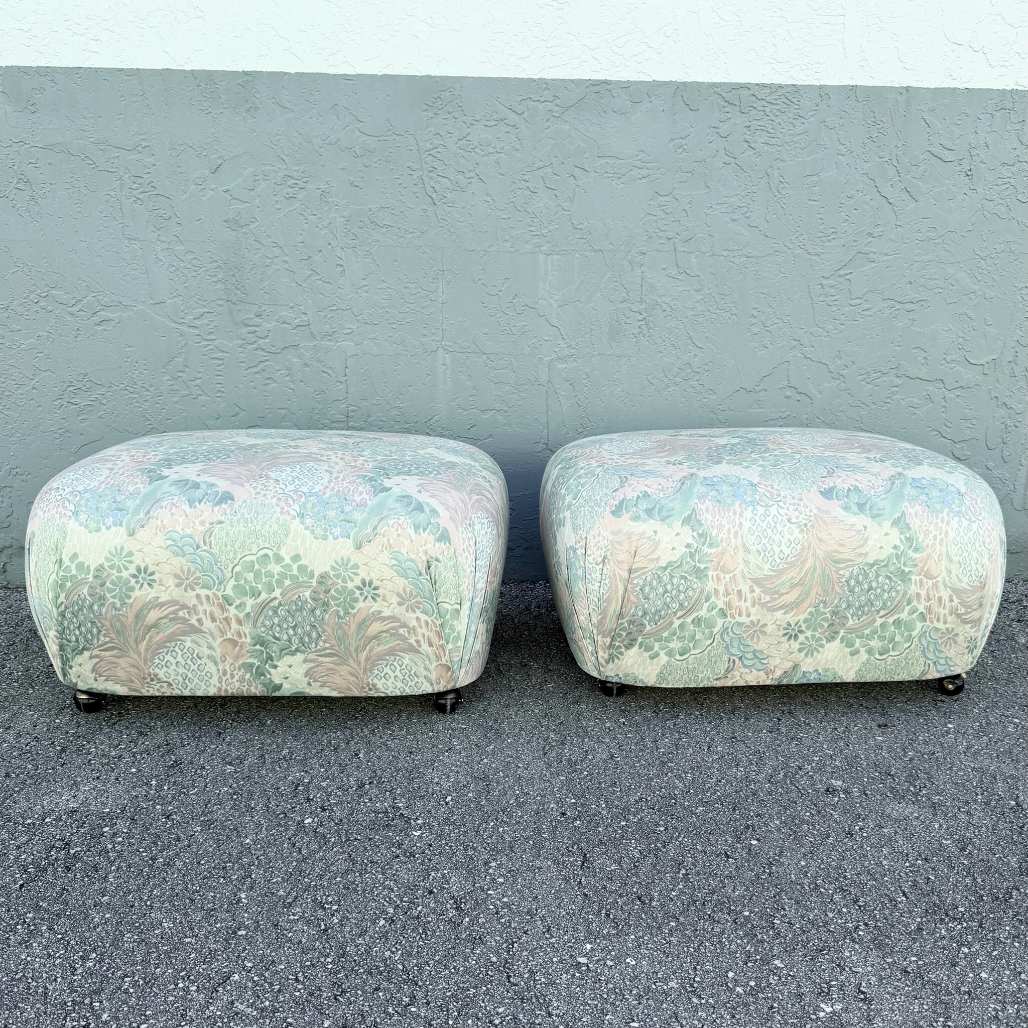 Postmodern Multicolored Floral Fabric Pouf Ottomans - A Pair Dolphin & Flamingo