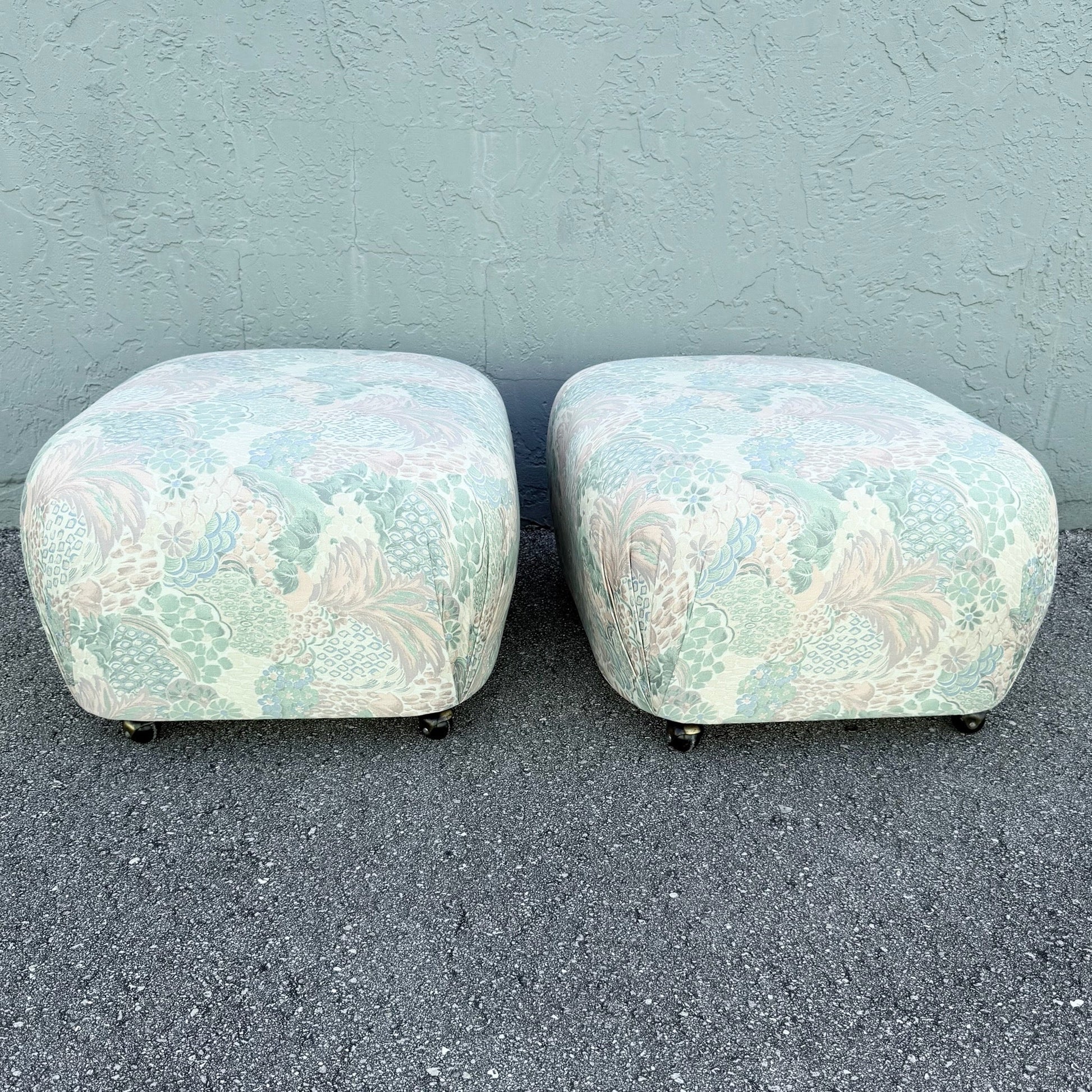 Postmodern Multicolored Floral Fabric Pouf Ottomans - A Pair Dolphin & Flamingo