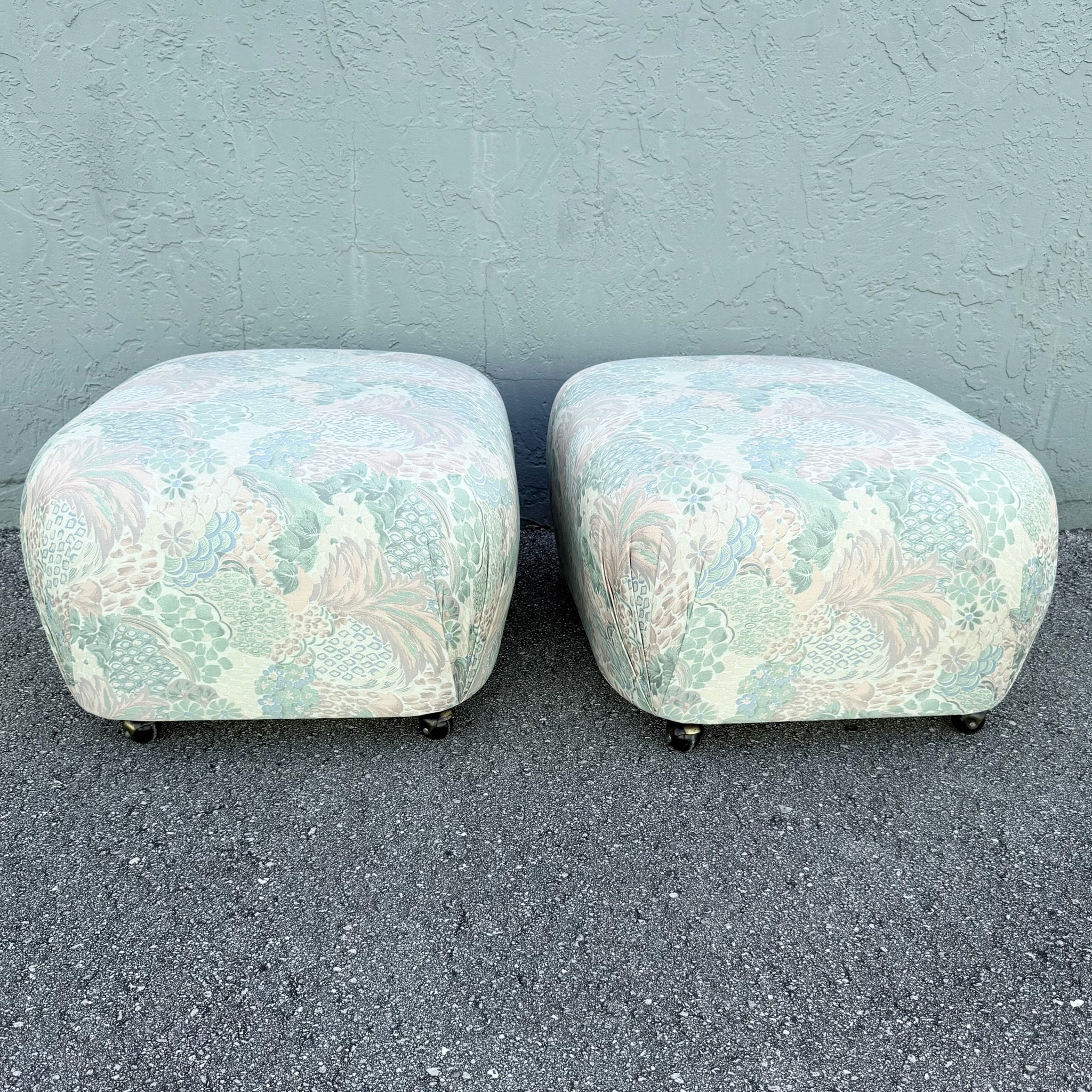 Postmodern Multicolored Floral Fabric Pouf Ottomans - A Pair Dolphin & Flamingo