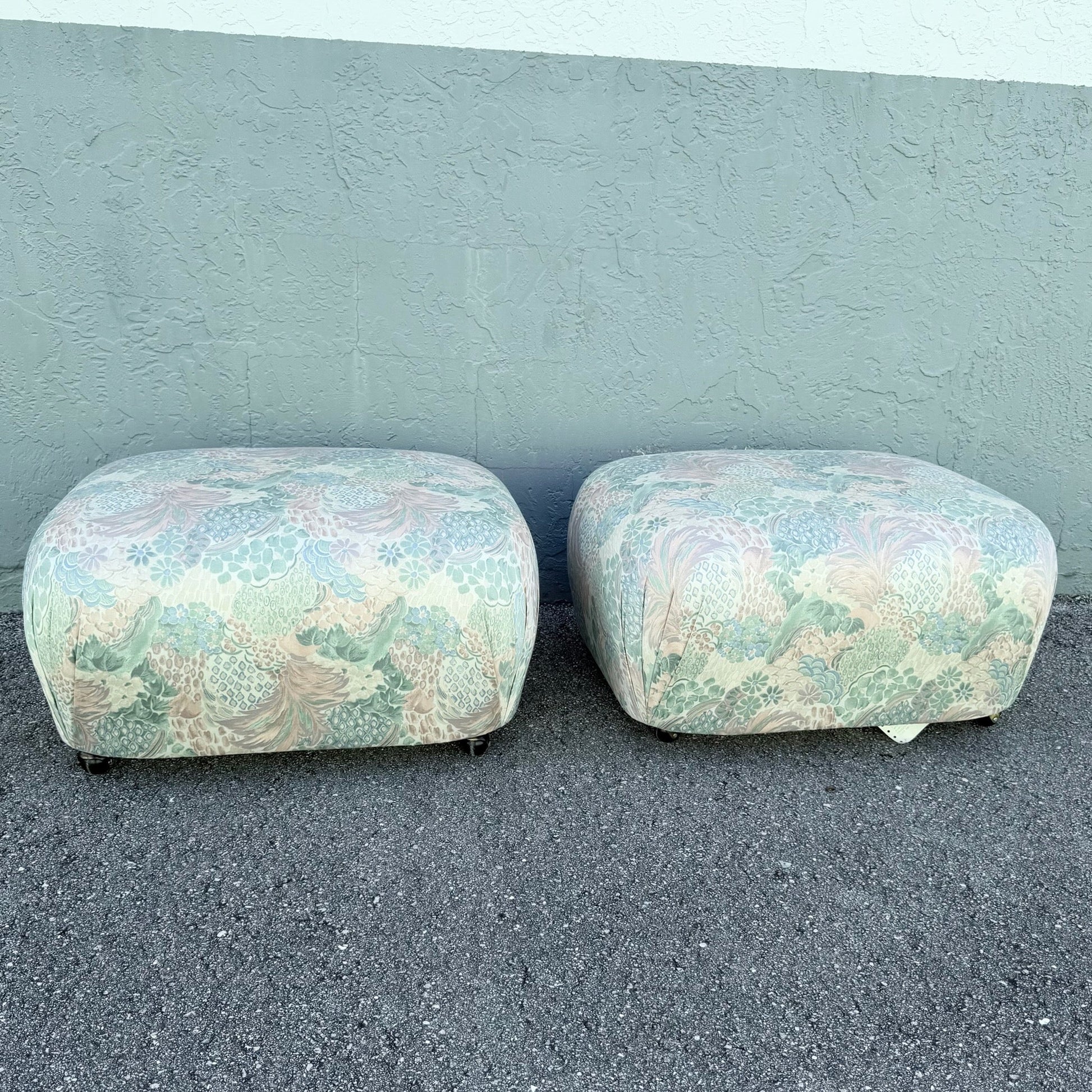 Postmodern Multicolored Floral Fabric Pouf Ottomans - A Pair Dolphin & Flamingo