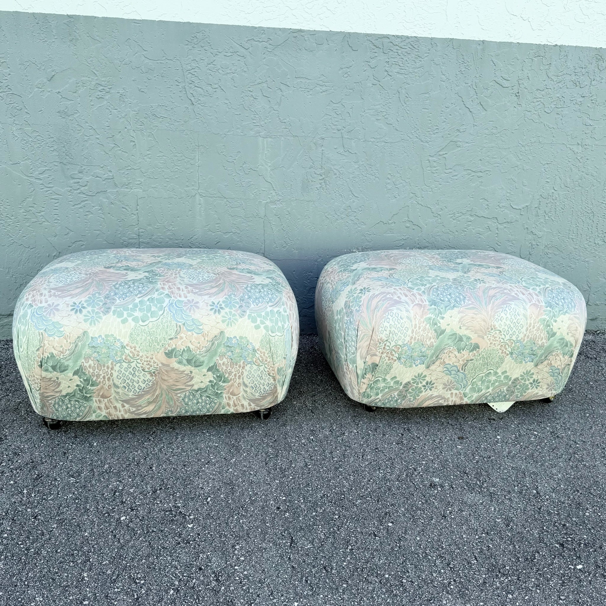 Postmodern Multicolored Floral Fabric Pouf Ottomans - A Pair Dolphin & Flamingo