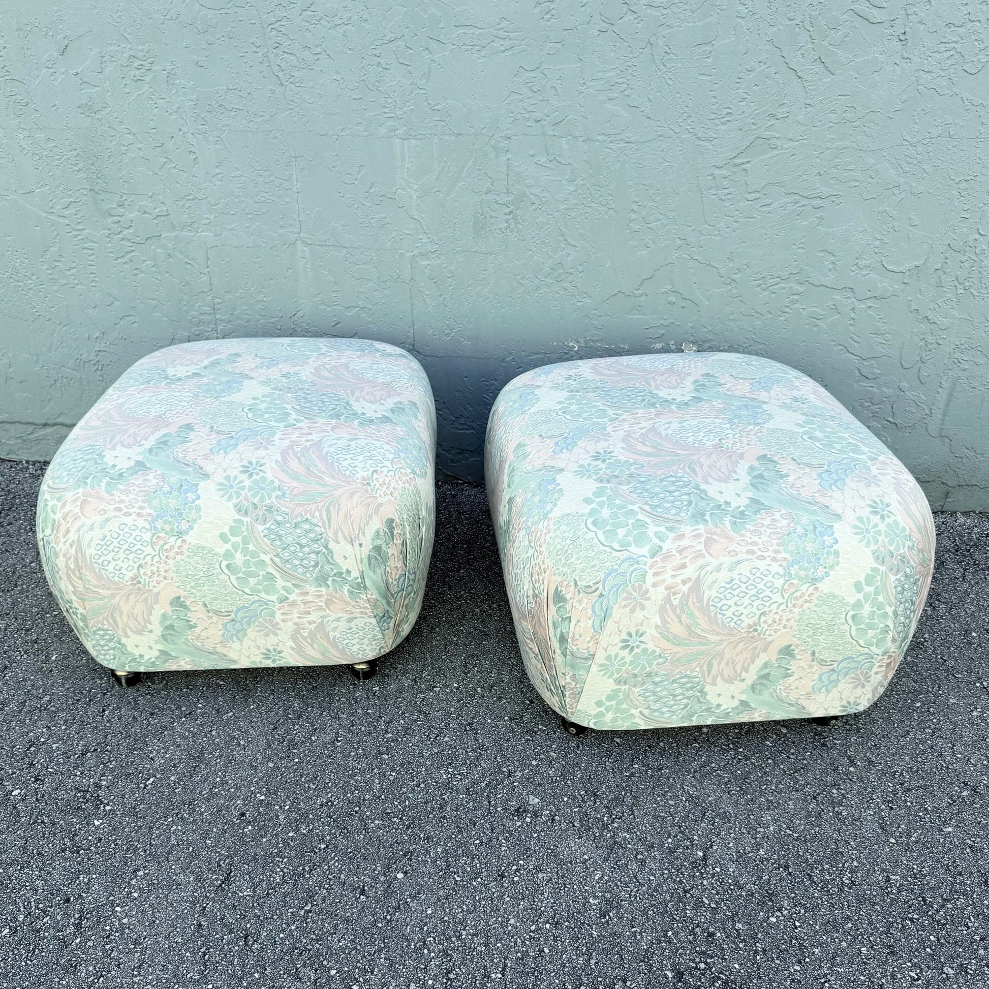 Postmodern Multicolored Floral Fabric Pouf Ottomans - A Pair Dolphin & Flamingo