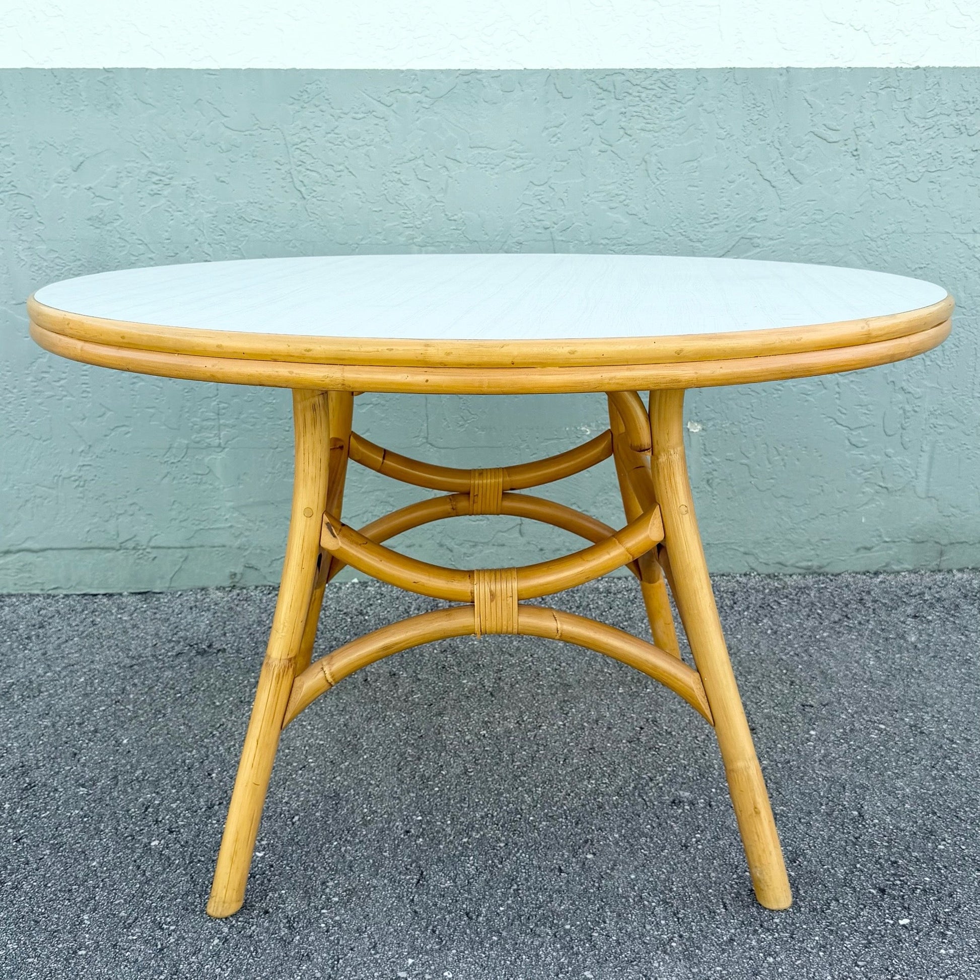 Boho Chic Rattan Laminate Top Circular Dining/Card Table Dolphin & Flamingo