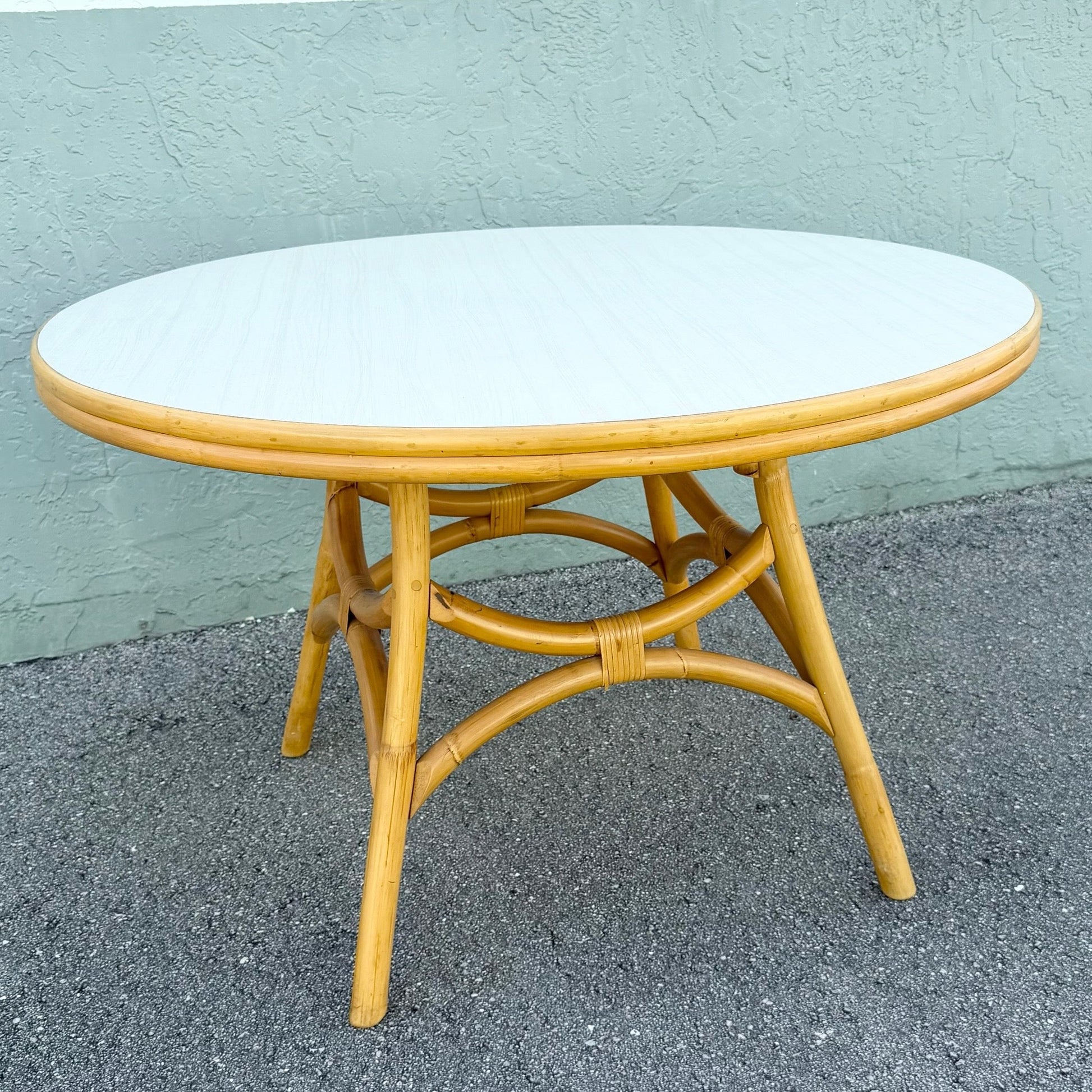 Boho Chic Rattan Laminate Top Circular Dining/Card Table Dolphin & Flamingo